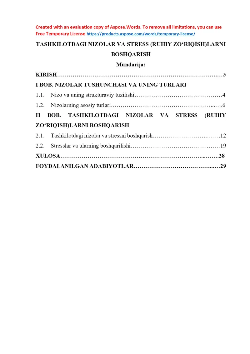 Tashkilotdagi nizolar va stress (ruhiy zo‘riqish)larni boshqarish