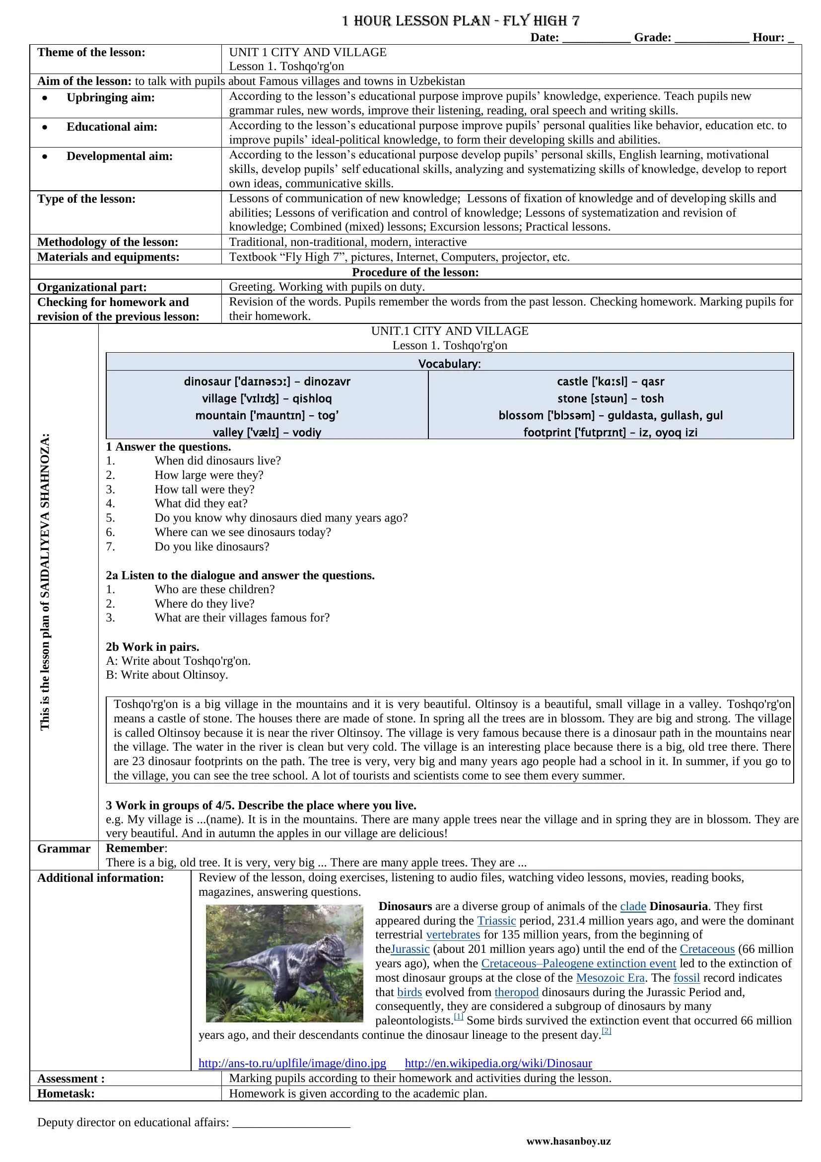 Toshqo'rg'on lesson materials