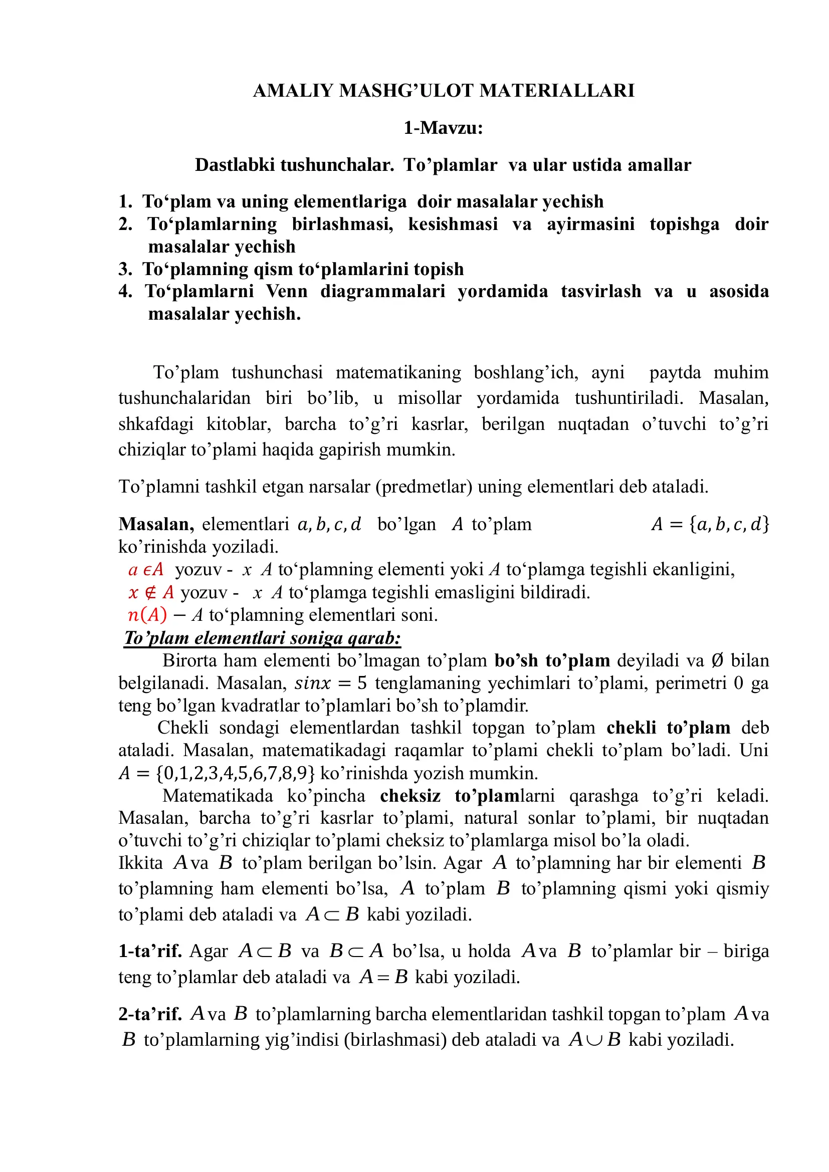 AMALIY MASHG’ULOT MATERIALLARI