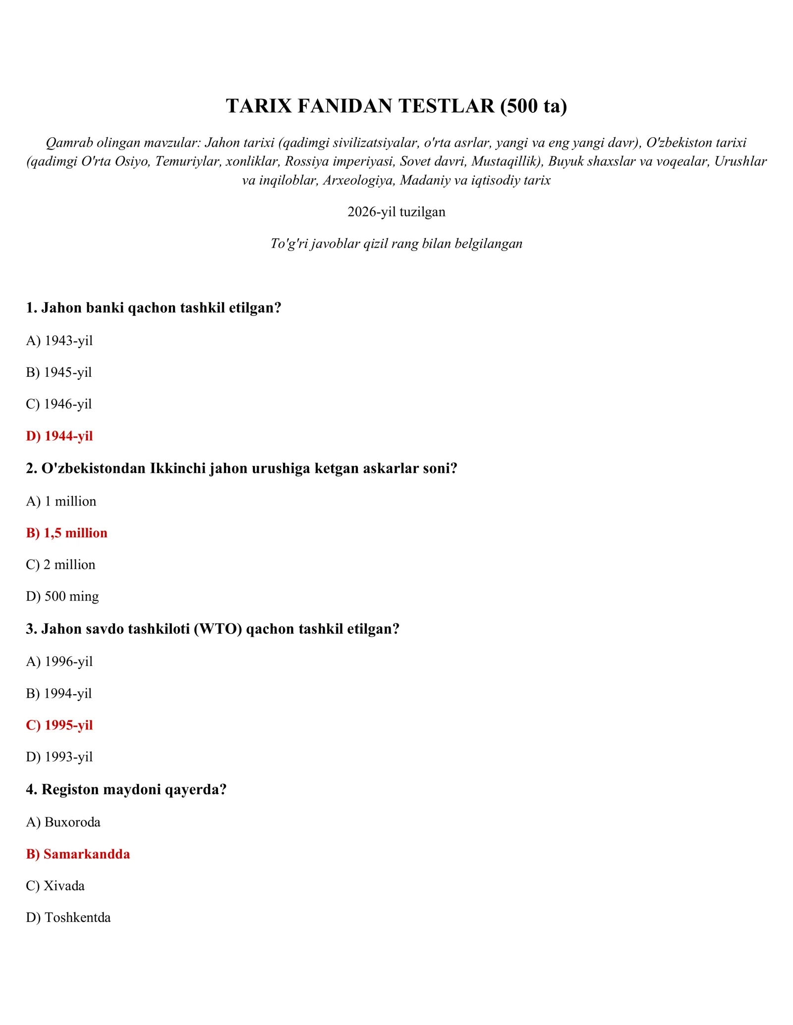 TARIX FANIDAN TESTLAR (500 ta)