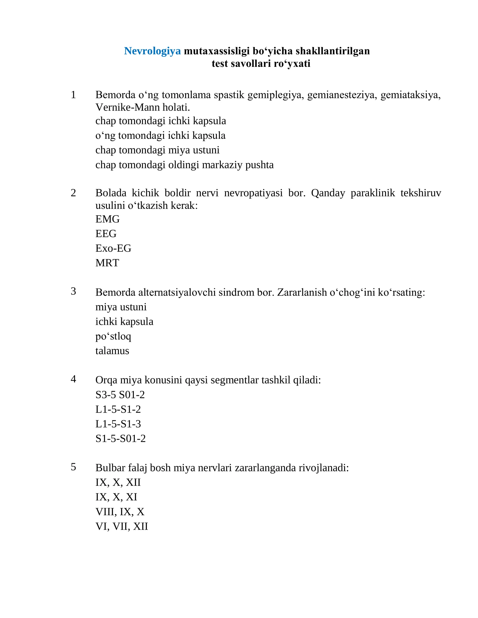 Nevrologiya mutaxassisligi test  2026
