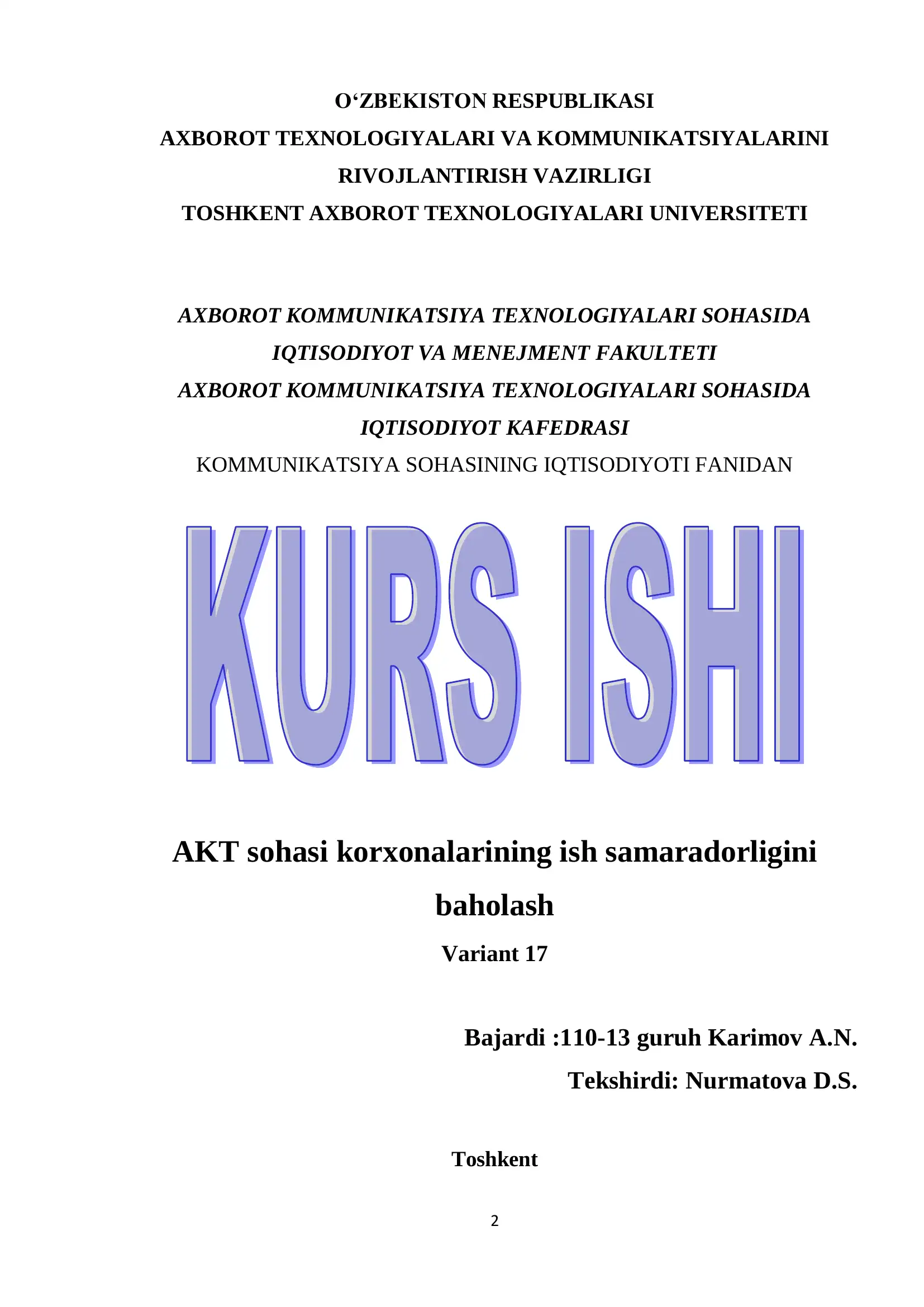 O‘ZBEKISTON RESPUBLIKASI AXBOROT TEXNOLOGIYALARI VA KOMMUNIKATSIYALARINI RIVOJLANTIRISH VAZIRLIGI