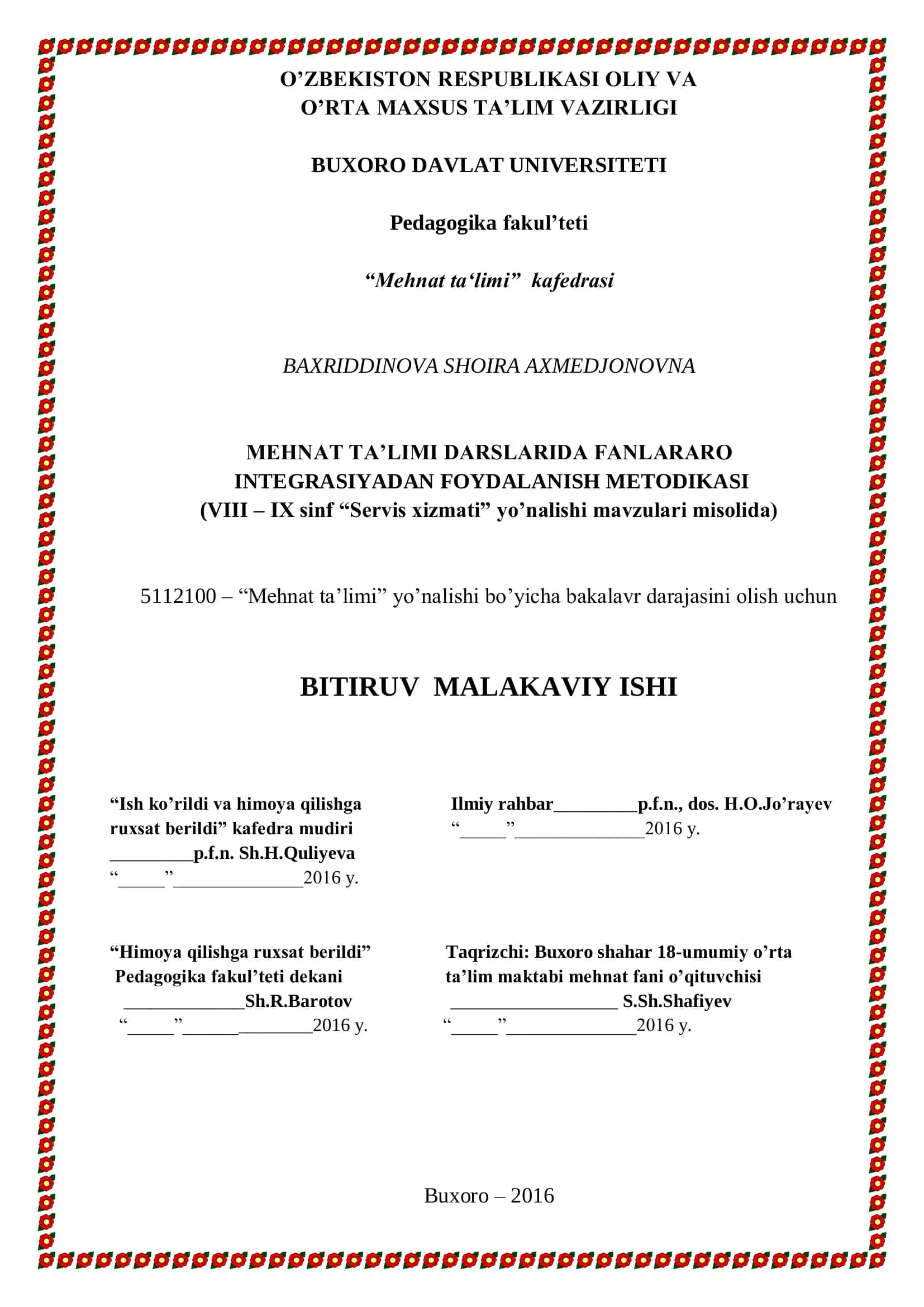 MEHNAT TA’LIMI DARSLARIDA FANLARARO INTEGRASIYADAN FOYDALANISH METODIKASI