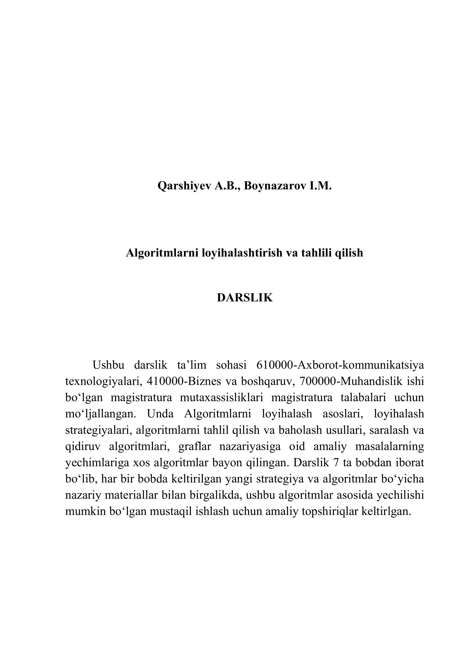 Algoritmlarni loyihalashtirish va tahlili qilish