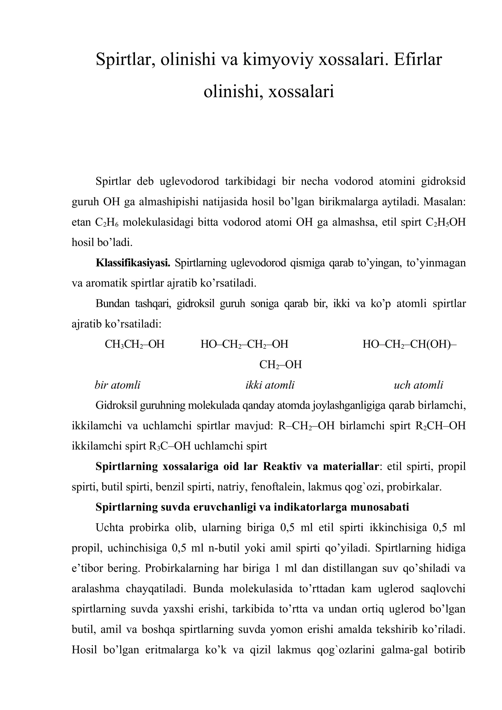 Spirtlar, olinishi va kimyoviy xossalari. Efirlar olinishi, xossalari