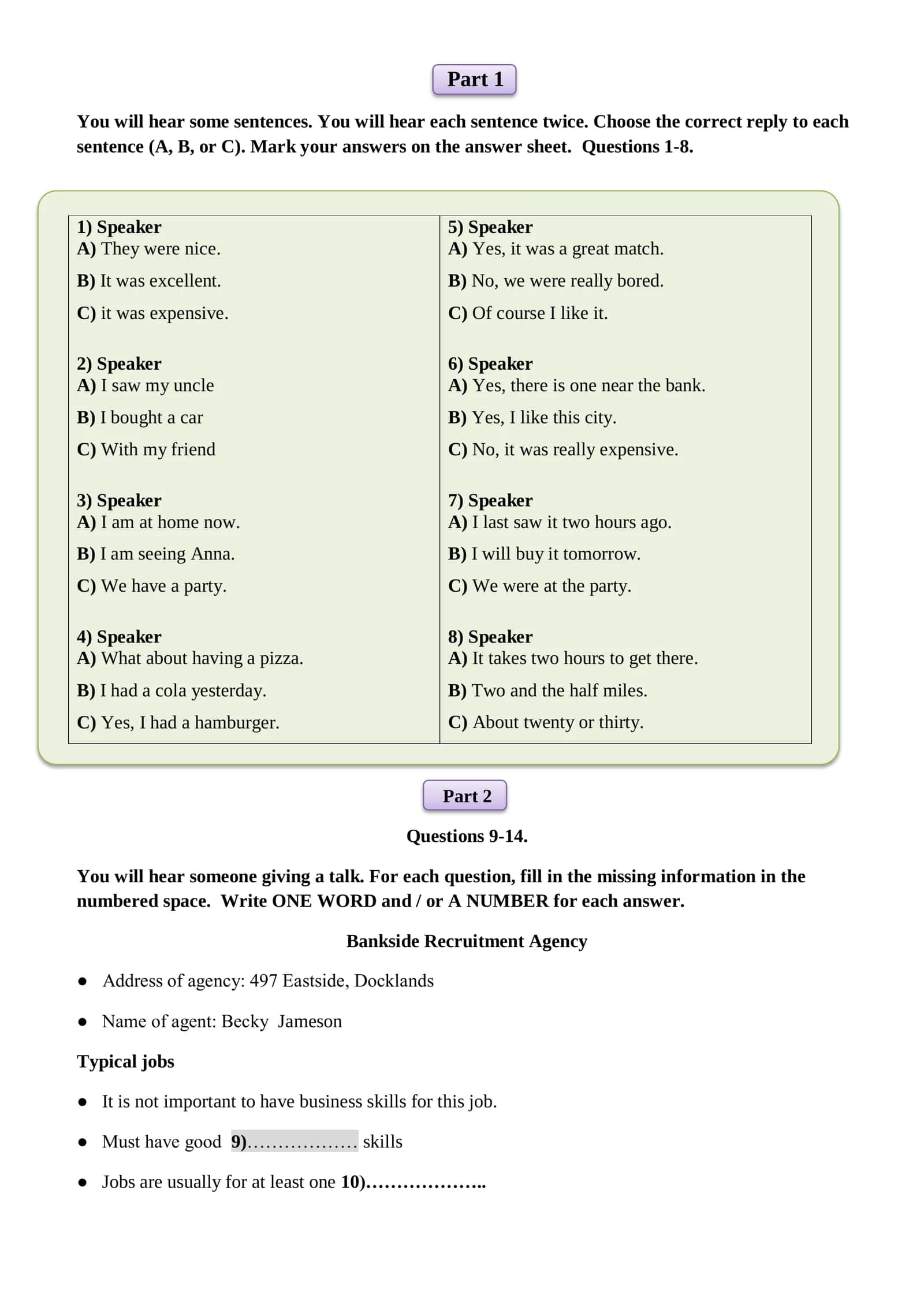 Part 1 Listening Comprehension Questions