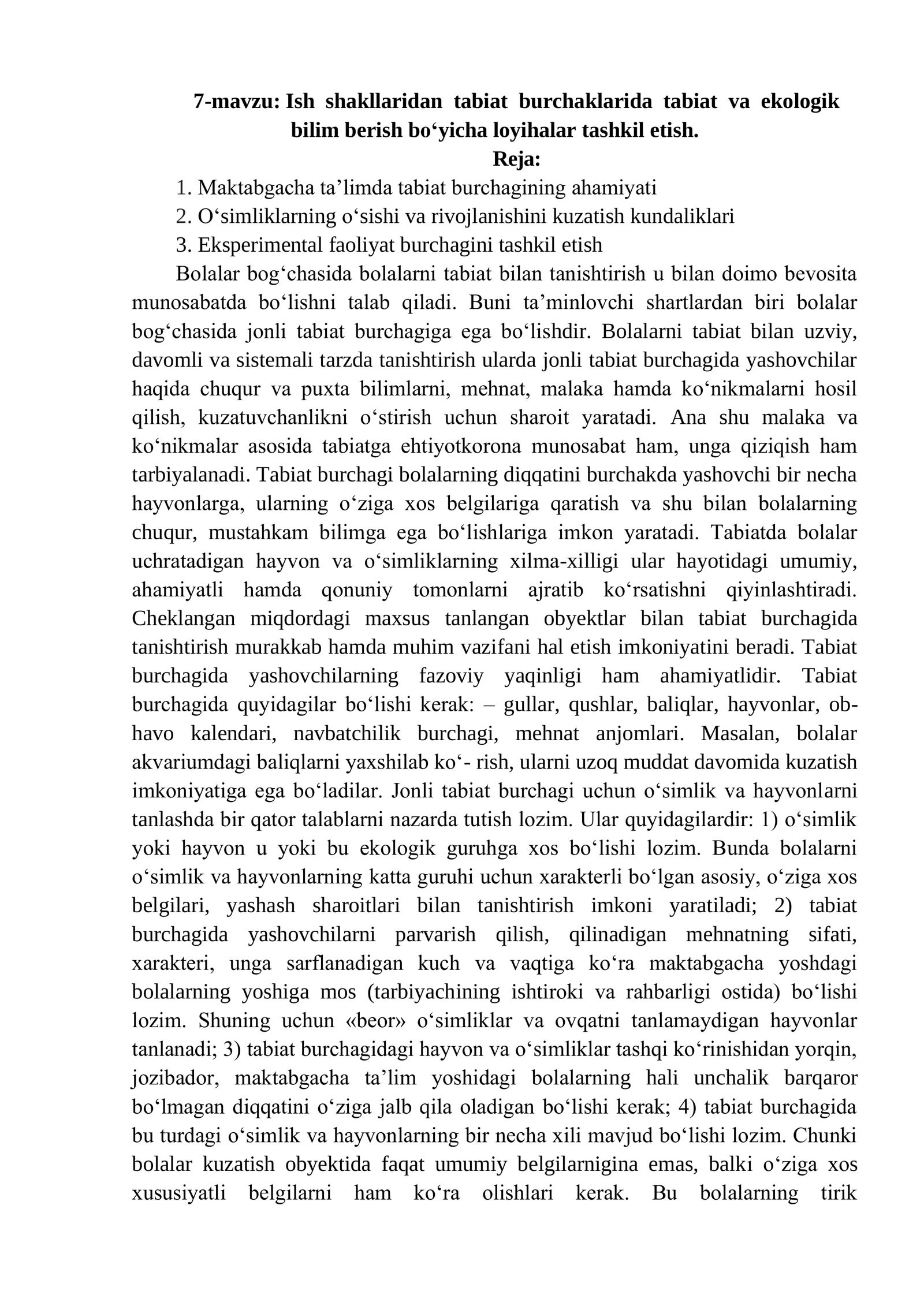 Ish shakllaridan tabiat burchaklarida tabiat va ekologik bilim berish bo‘yicha loyihalar tashkil etish