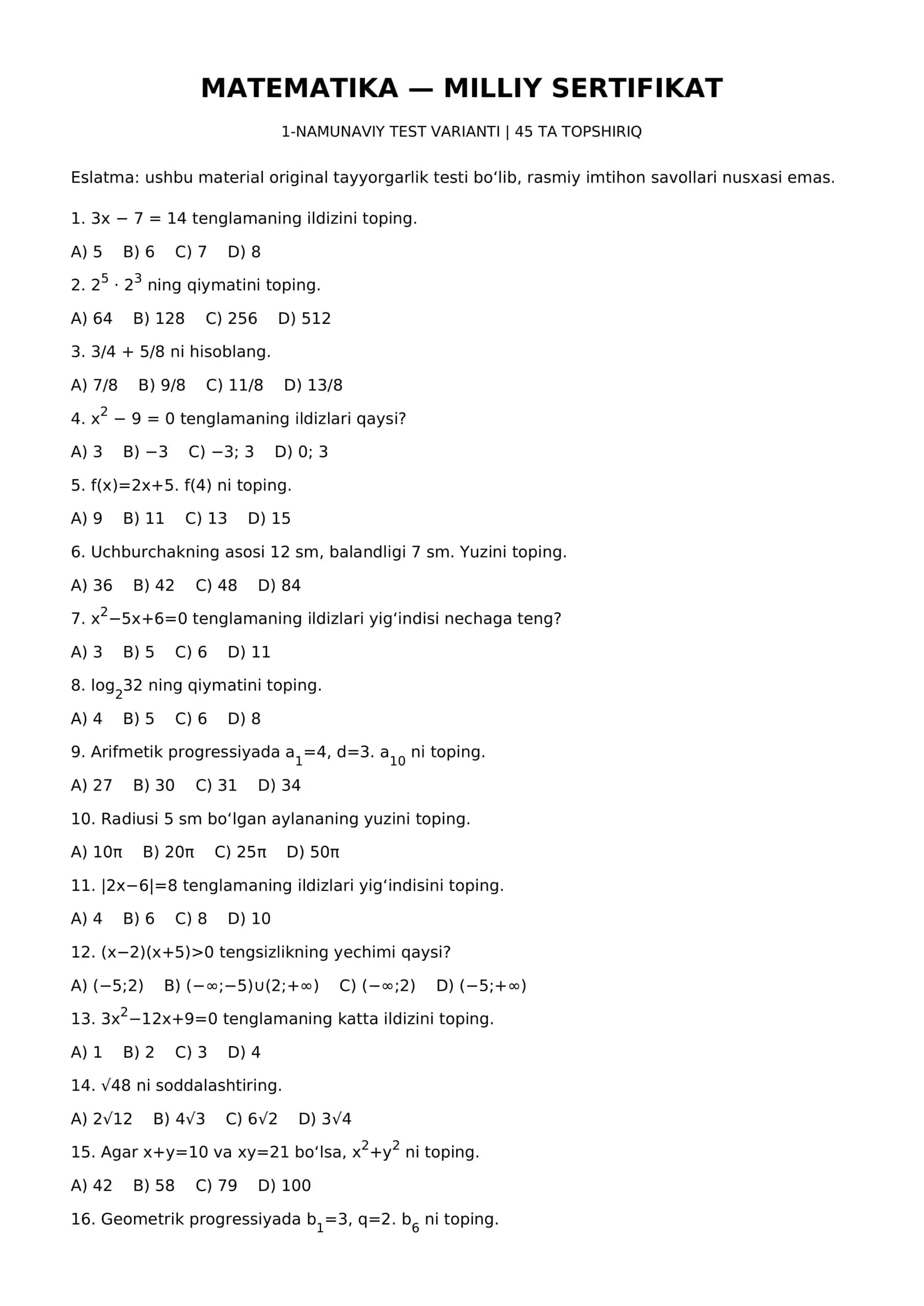 matematika milliy sertifikatga tayyorgarlik