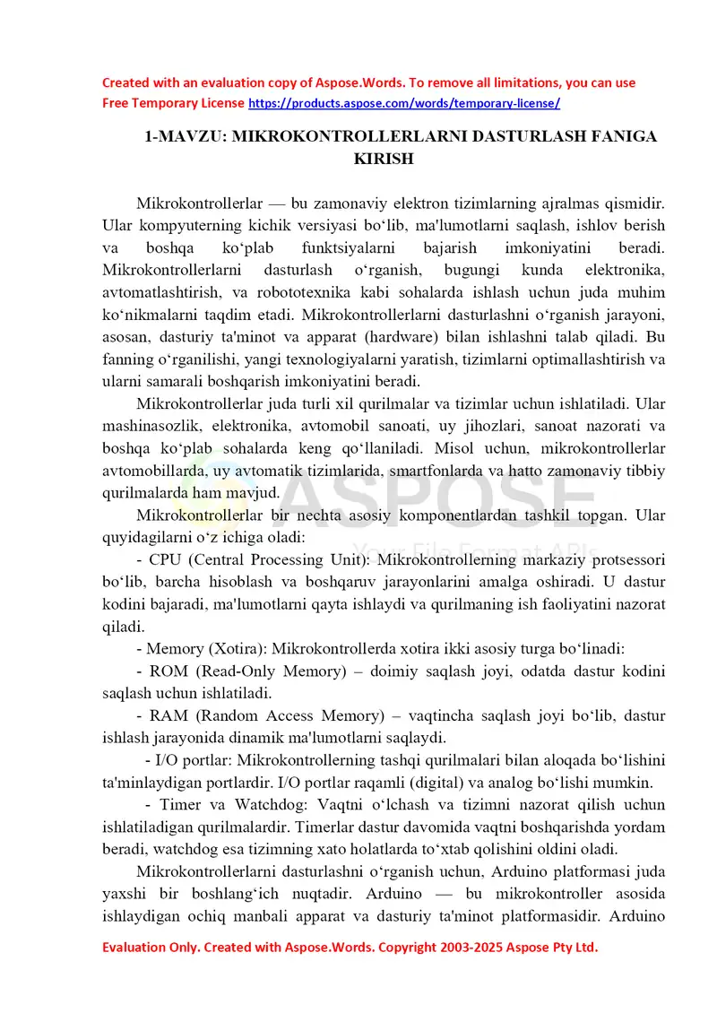 Mikrokontrollerlarni dasturlash faniga kirish