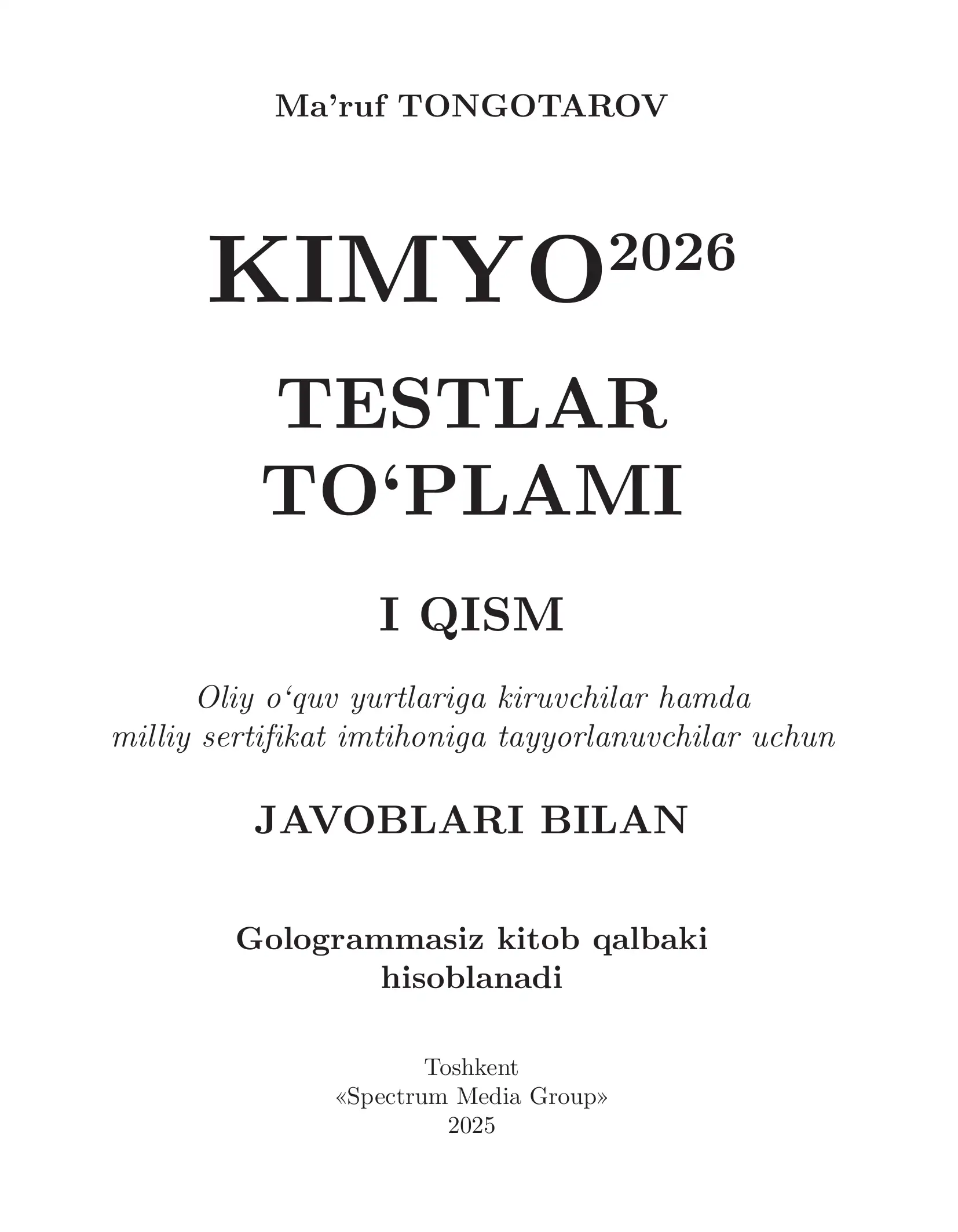 Kimyo2026 testlar to‘plami I qism