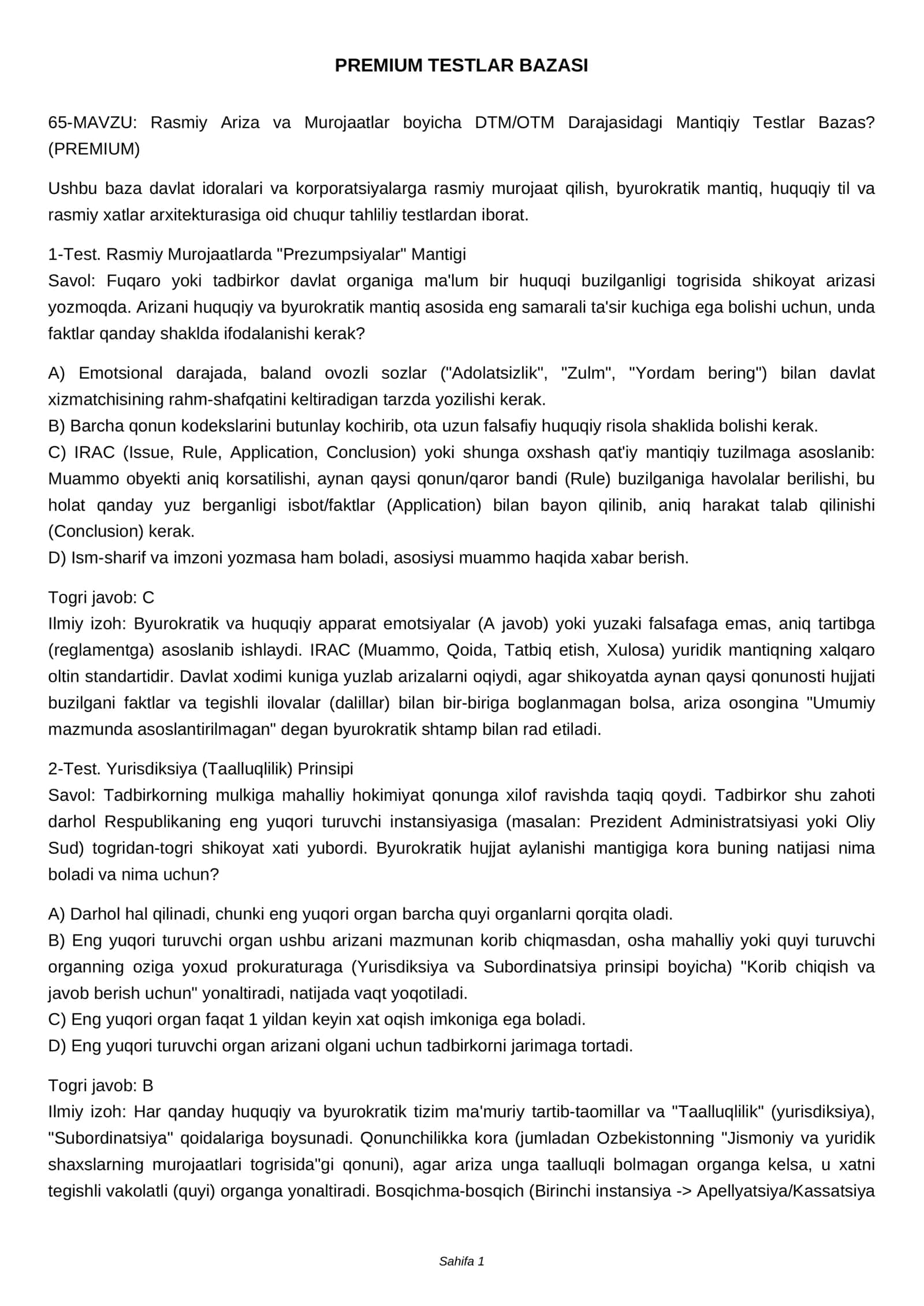 Rasmiy Ariza va Murojaatlar boyicha DTM/OTM Darajasidagi Mantiqiy Testlar Bazas?
