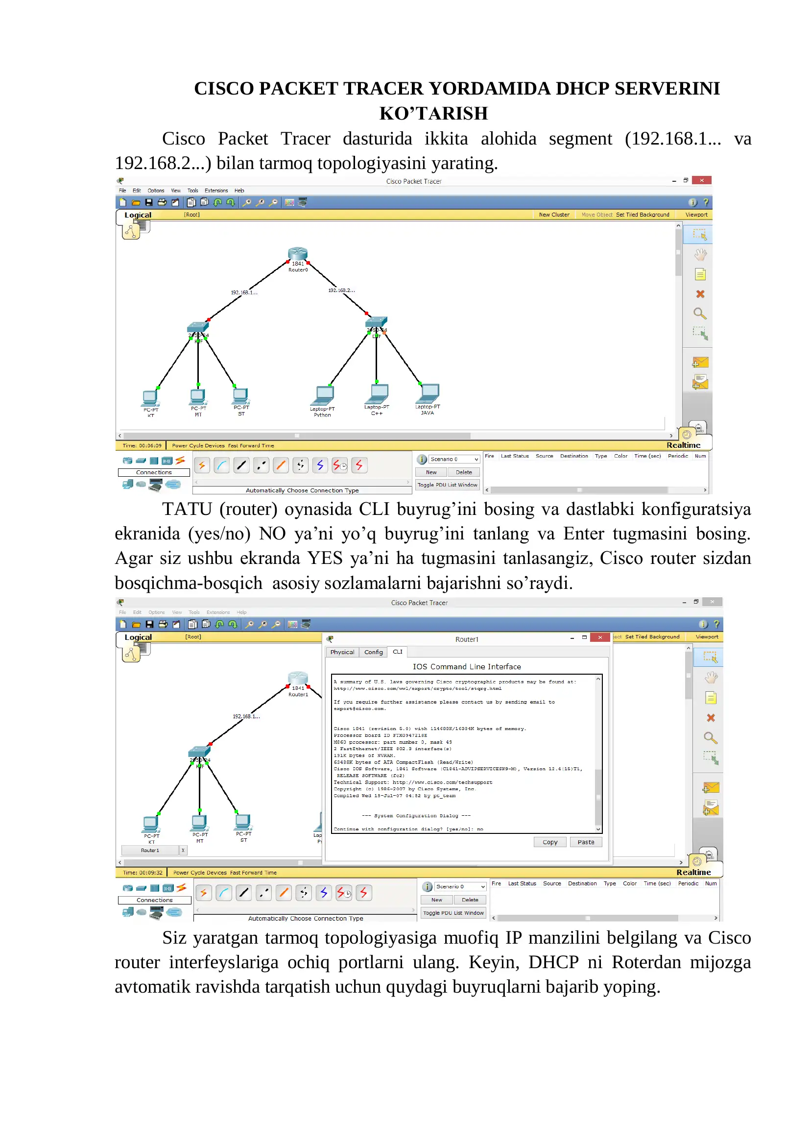 CISCO PACKET TRACER YORDAMIDA DHCP SERVERINI KO’TARISH