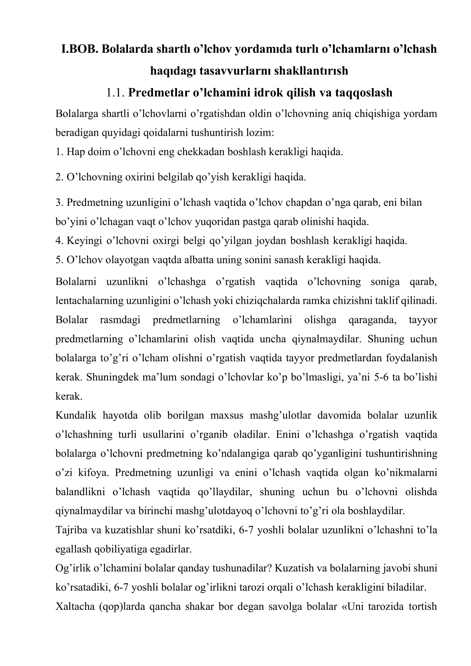 Bolalarda shartlı o’lchov yordamıda turlı o’lchamlarnı o’lchash haqıdagı tasavvurlarnı shakllantırısh