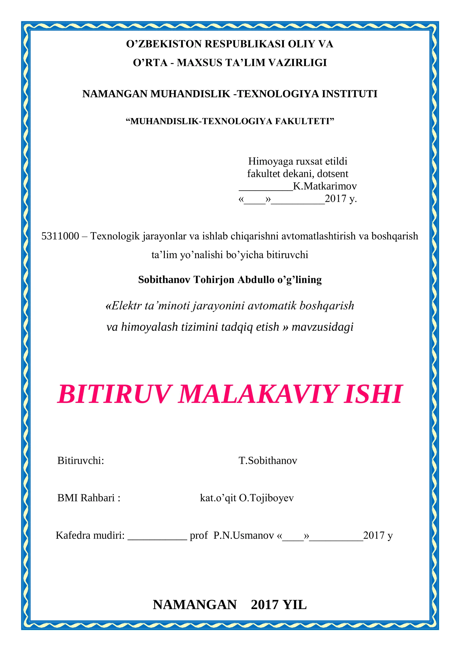 Elektr ta’minoti jarayonini avtomatik boshqarish va himoyalash tizimini tadqiq etish