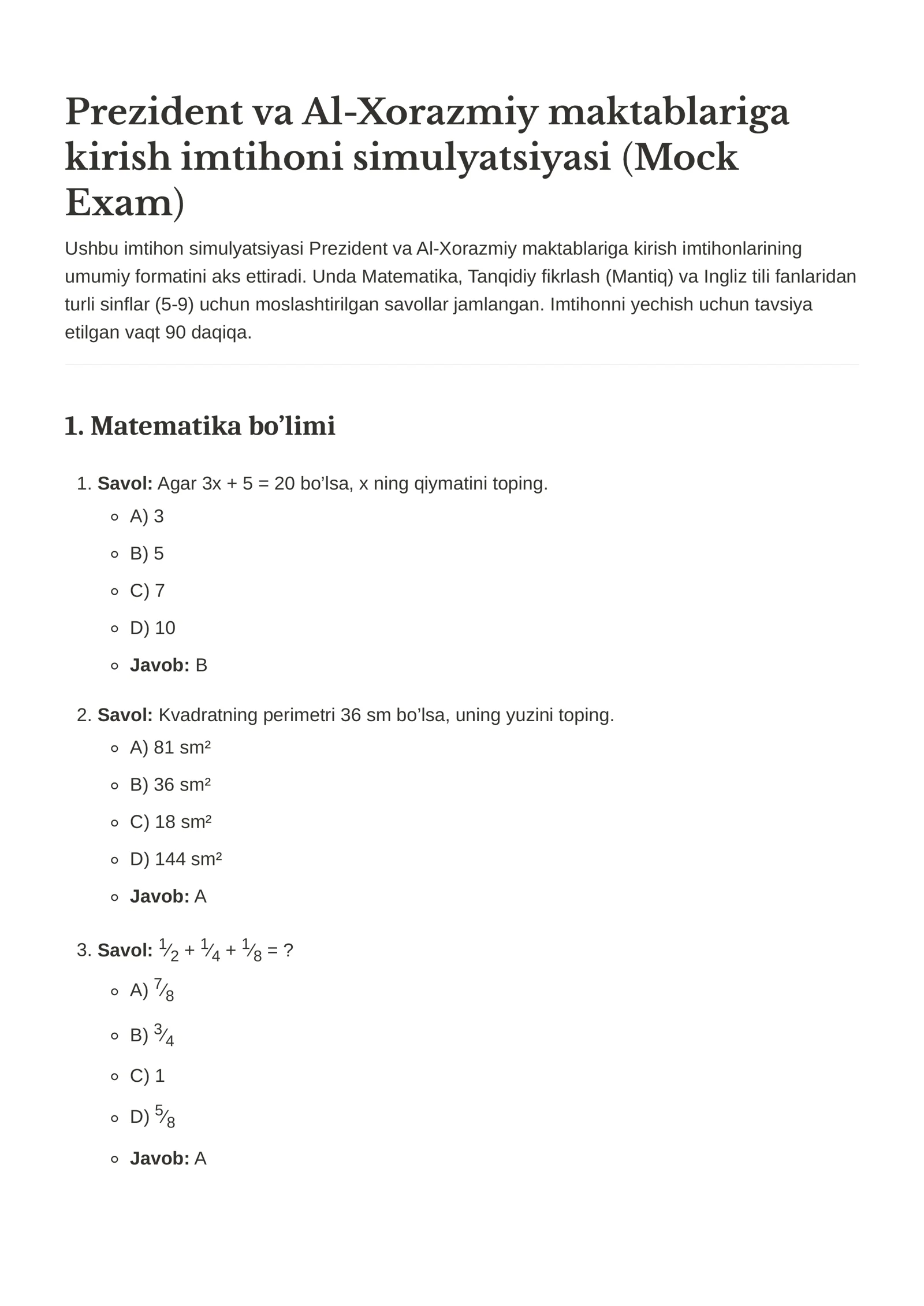 Prezident va Al-Xorazmiy maktablariga kirish imtihoni simulyatsiyasi (Mock Exam)