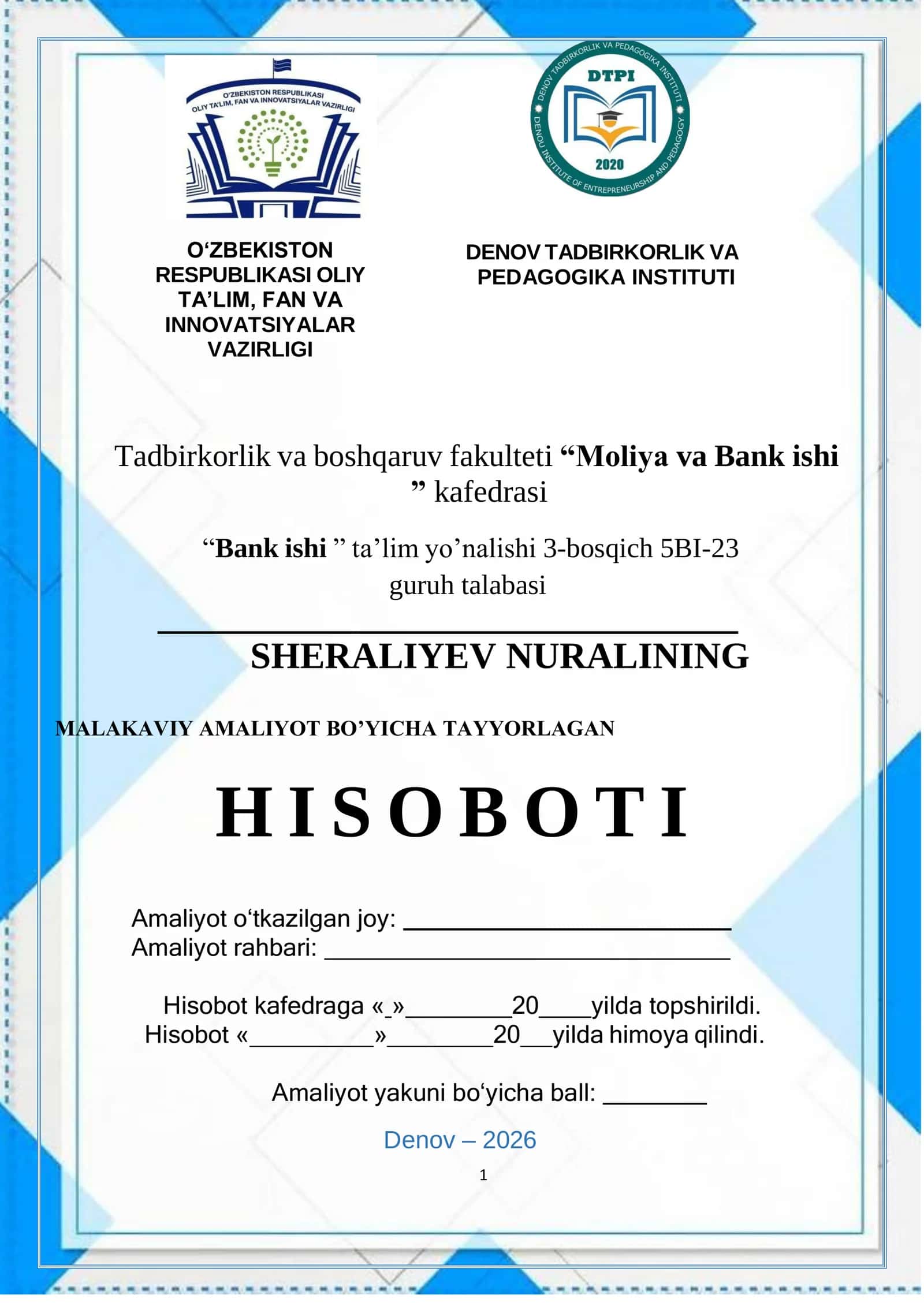 “O'zmilliybank AJ” haqida umumiy malumot va uning tashkil etilishi VA  DENOV FILIALI HAQIDA
