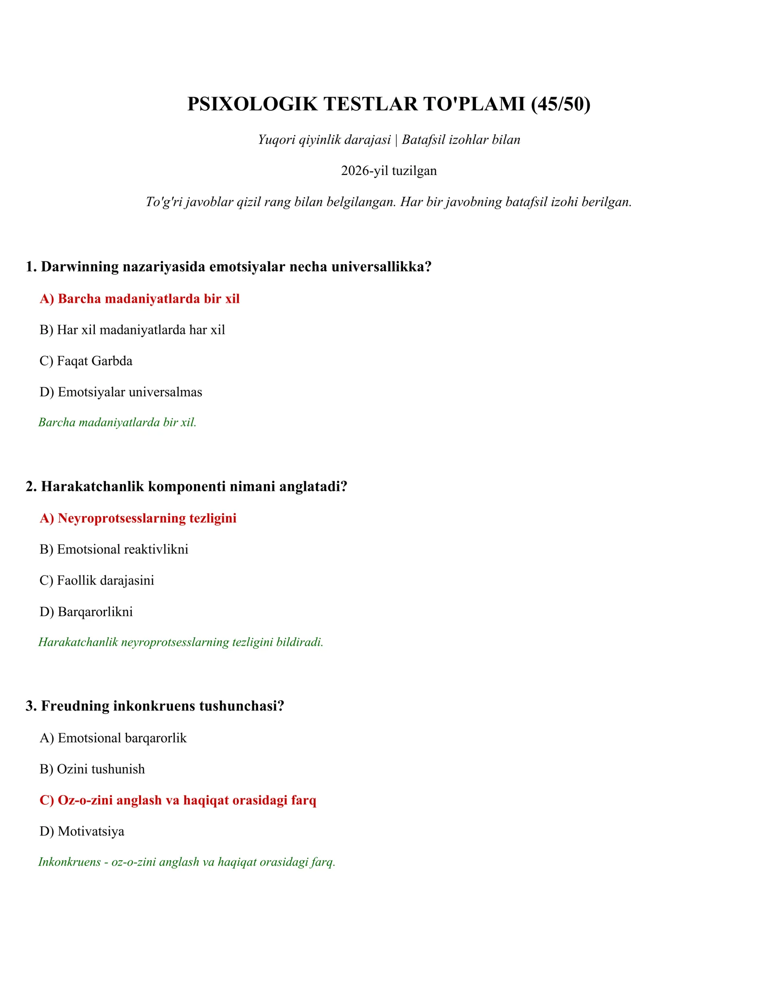 PSIXOLOGIK TESTLAR TO'PLAMI (45/50)