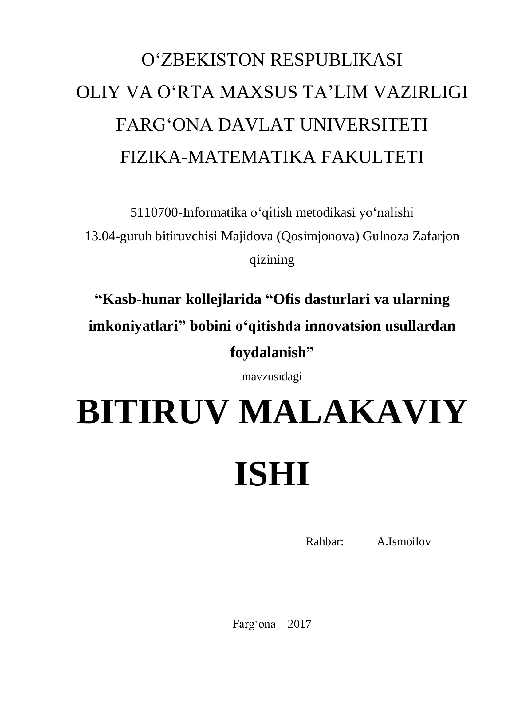 Kasb-hunar kollejlarida “Ofis dasturlari va ularning imkoniyatlari” bobini o‘qitishda innovatsion usullardan foydalanish