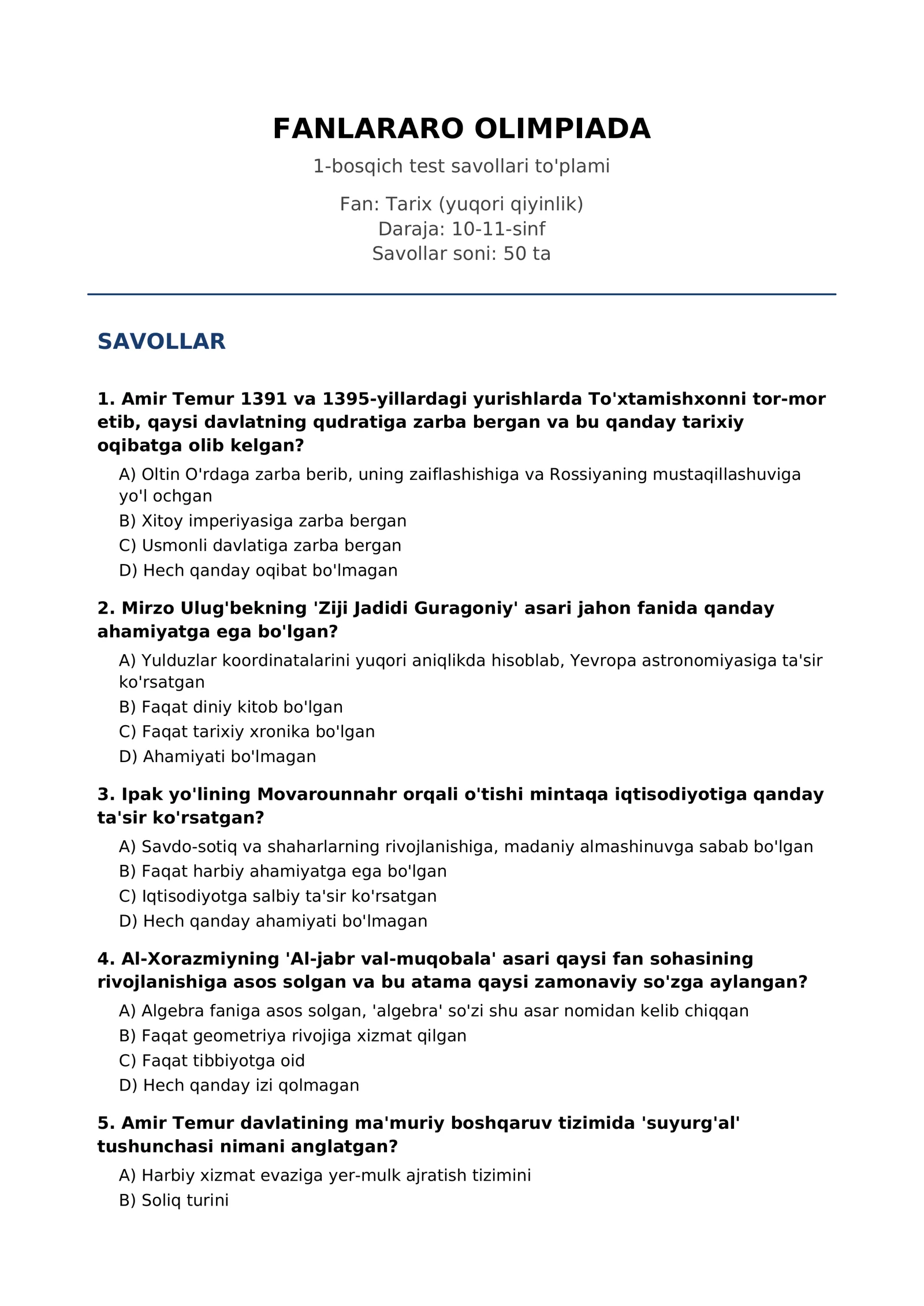 FANLARARO OLIMPIADA 1-bosqich test savollari to'plami
