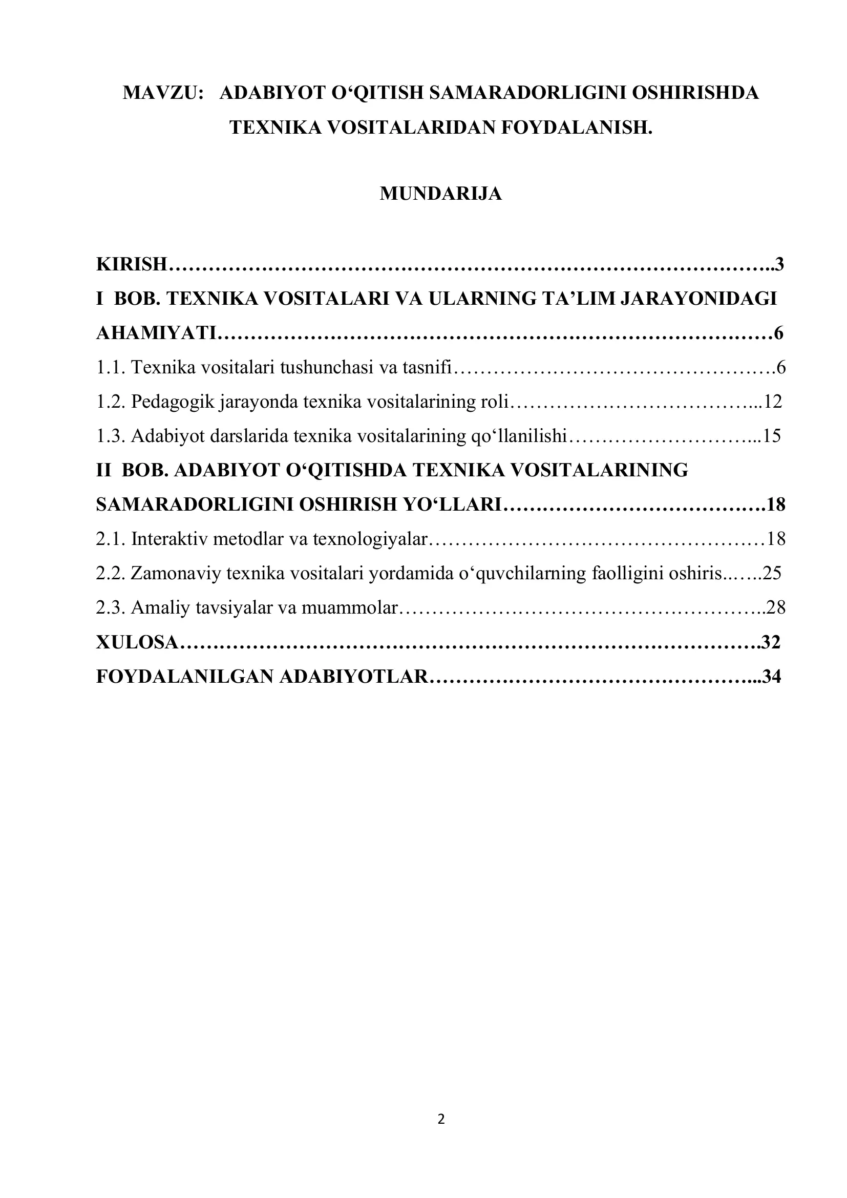 ADABIYOT O'QITISH SAMARADORLIGINI OSHIRISHDA TEXNIKA VOSITALARIDAN FOYDALANISH