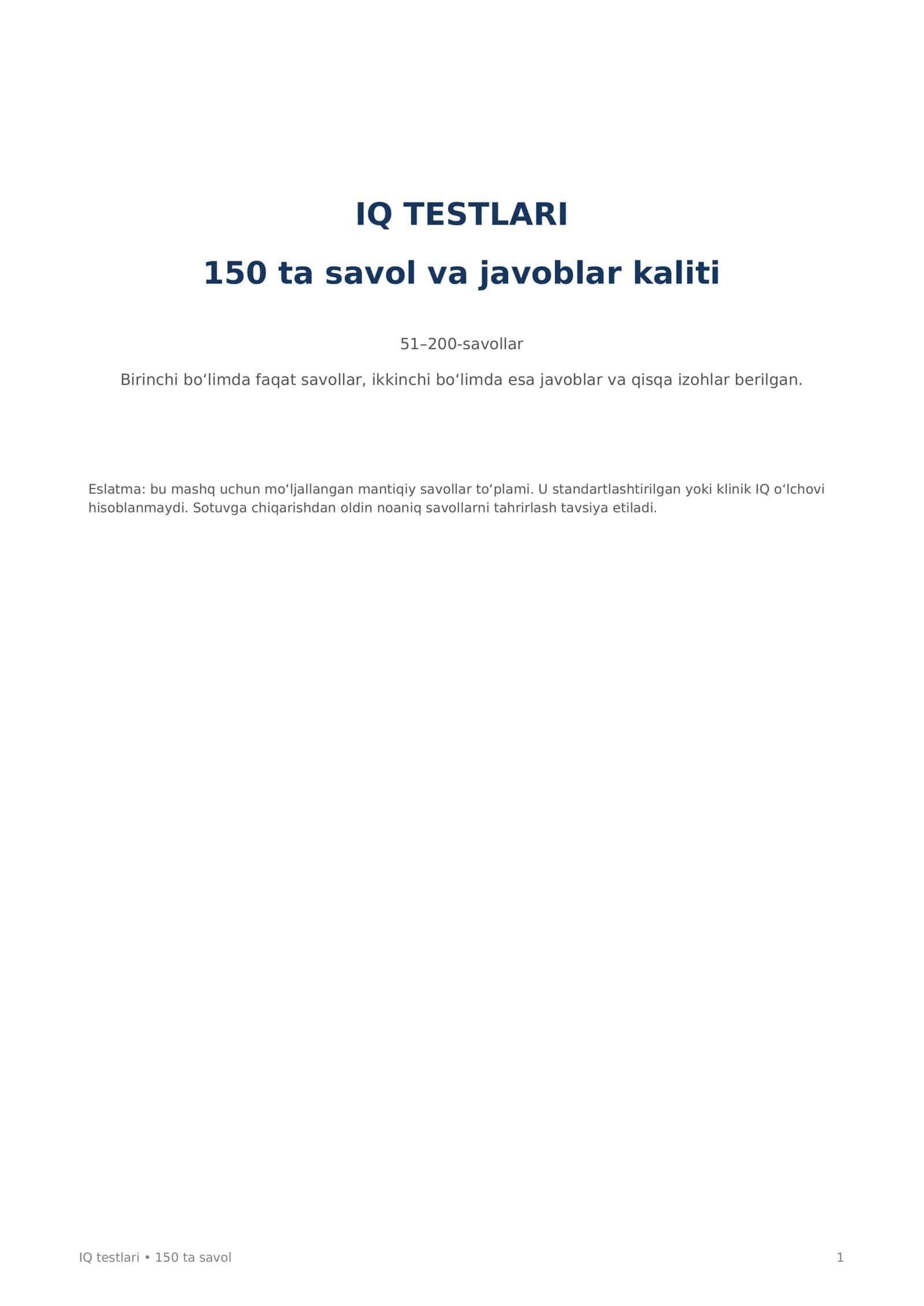 IQ savollari va javoblari 200 talik