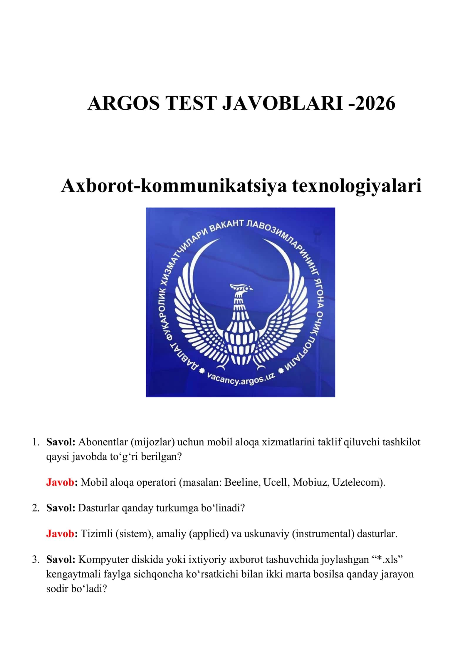 Argos test Axborot texnologiyalar sohasi Eng so'ngi