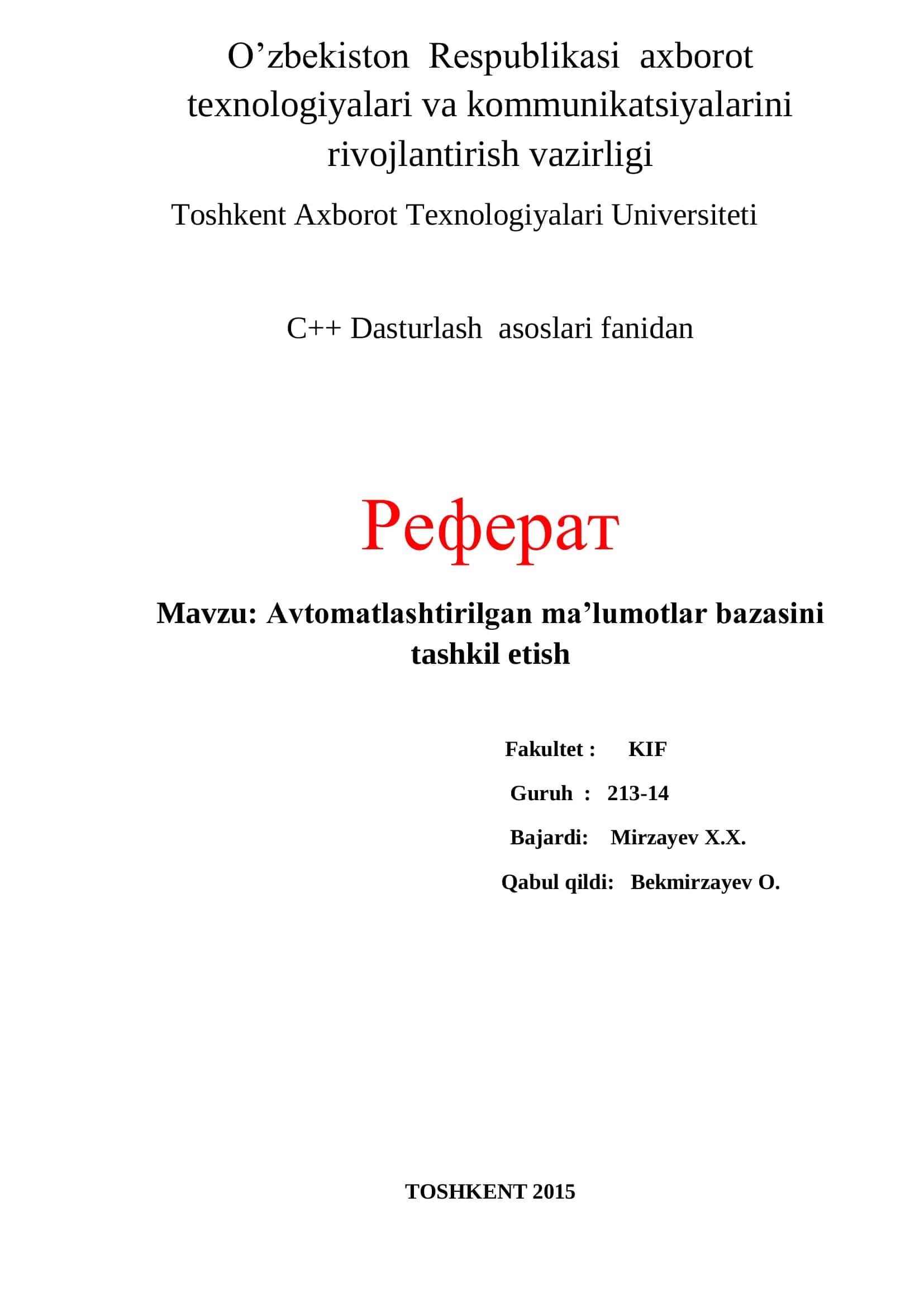 Avtomatlashtirilgan ma’lumotlar bazasini tashkil etish
