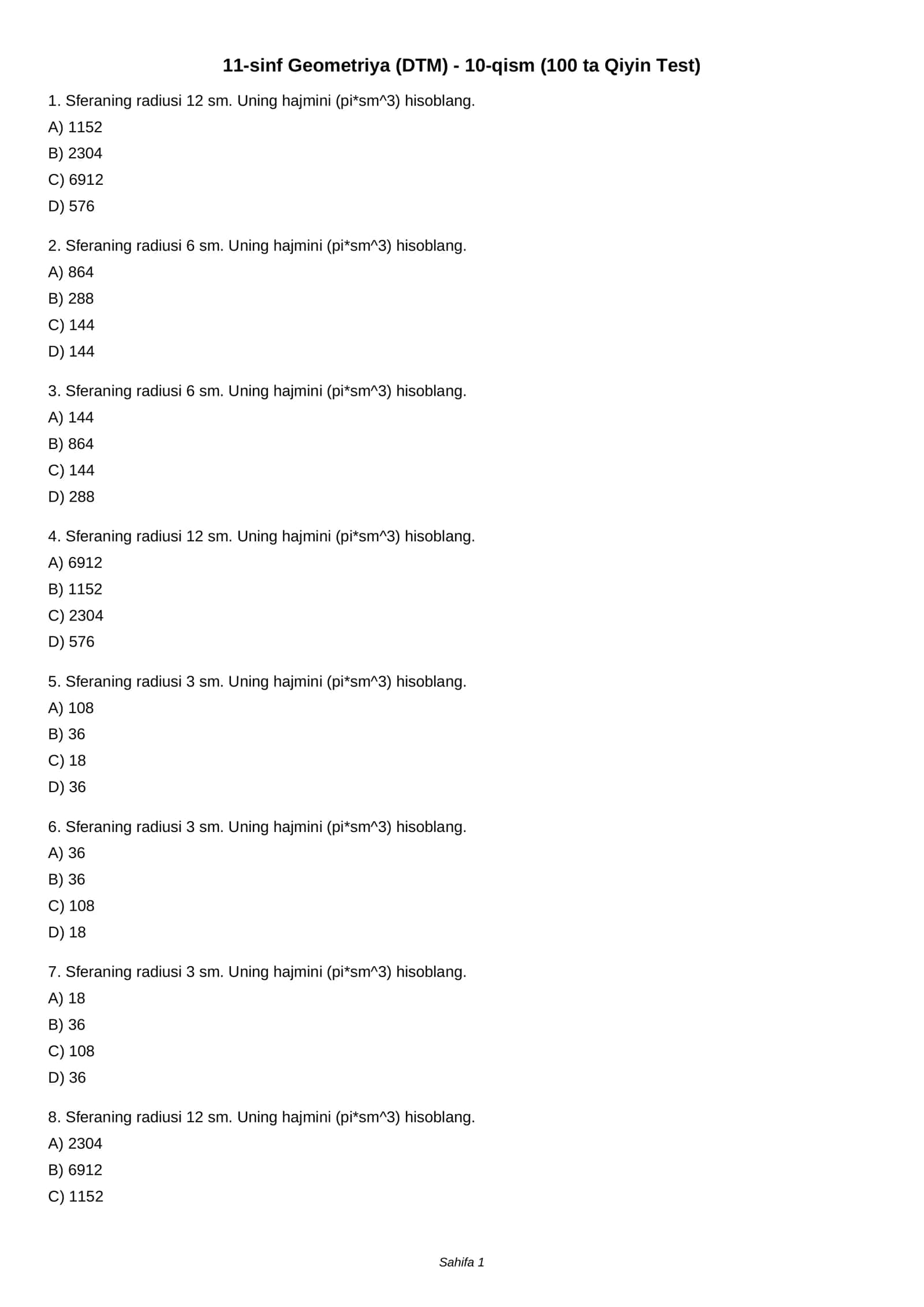 11-sinf Geometriya (DTM) - 10-qism (100 ta Qiyin Test)