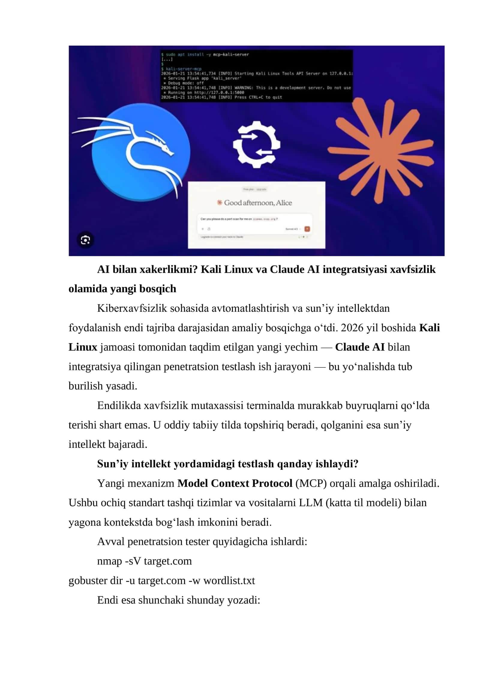 Kali Linux va Claude AI integratsiyasi