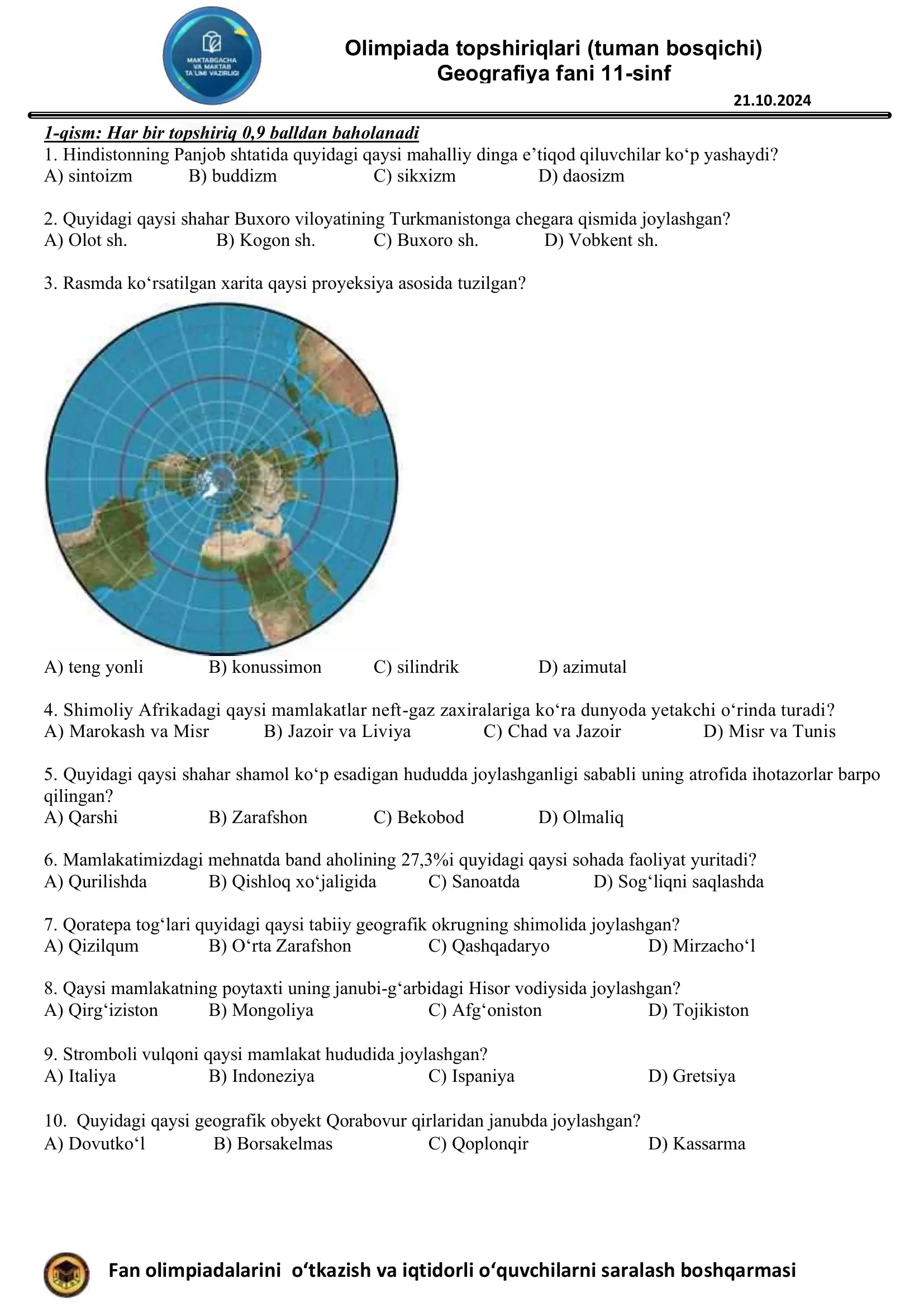 Olimpiada topshiriqlari (11-sinf Geografiya tuman bosqichi 2024)