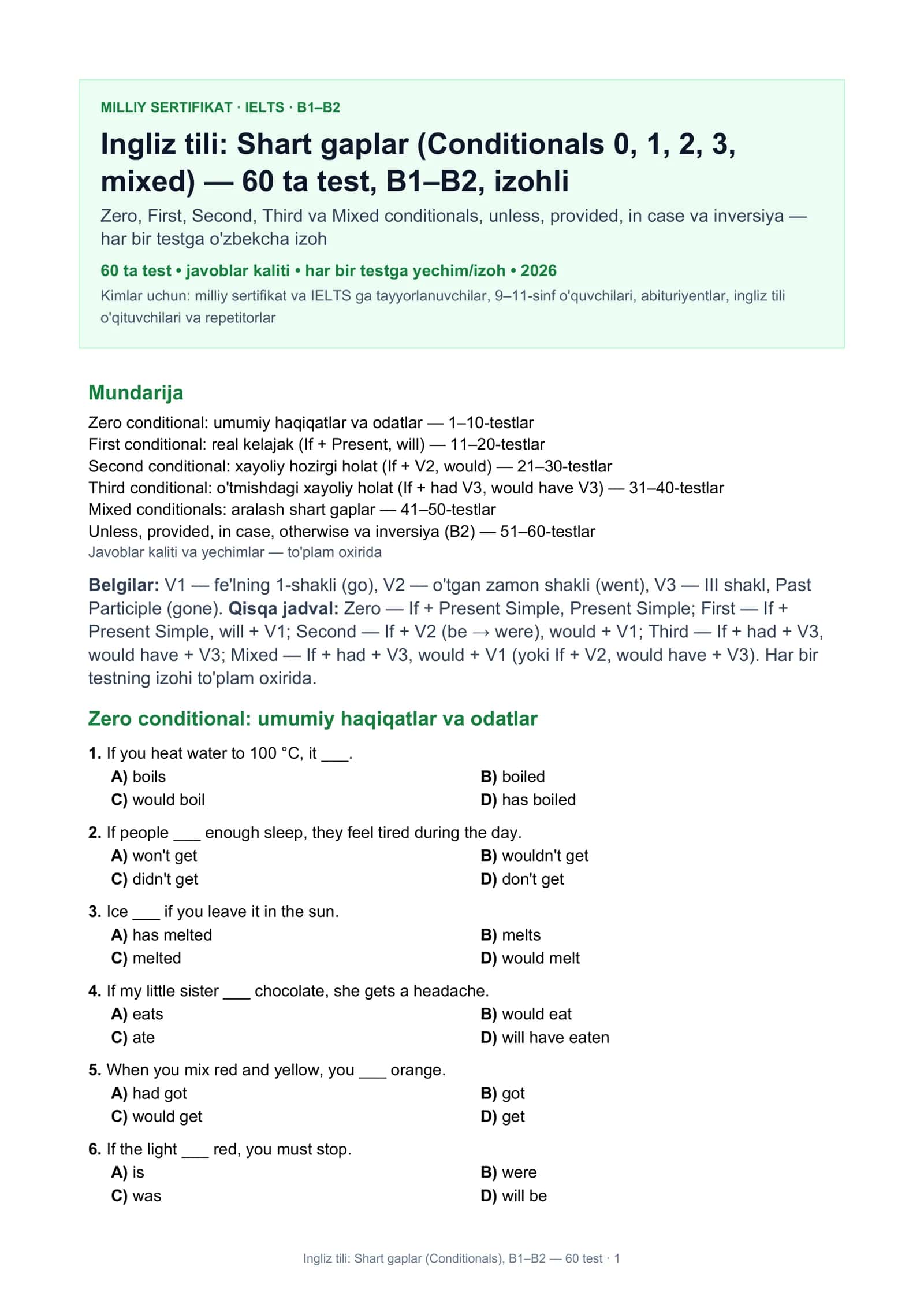 Ingliz tili: Shart gaplar (Conditionals), B1–B2