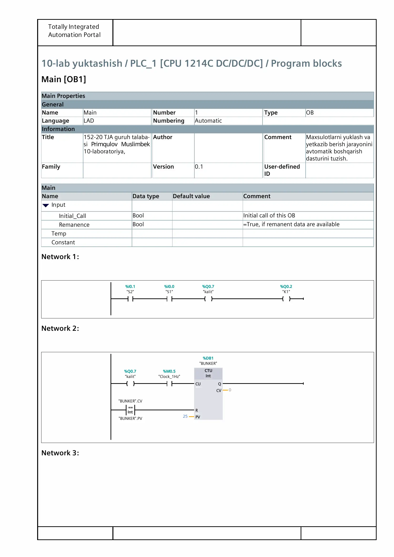 10-lab yuktashish / PLC_1 [CPU 1214C DC/DC/DC] / Program blocks
