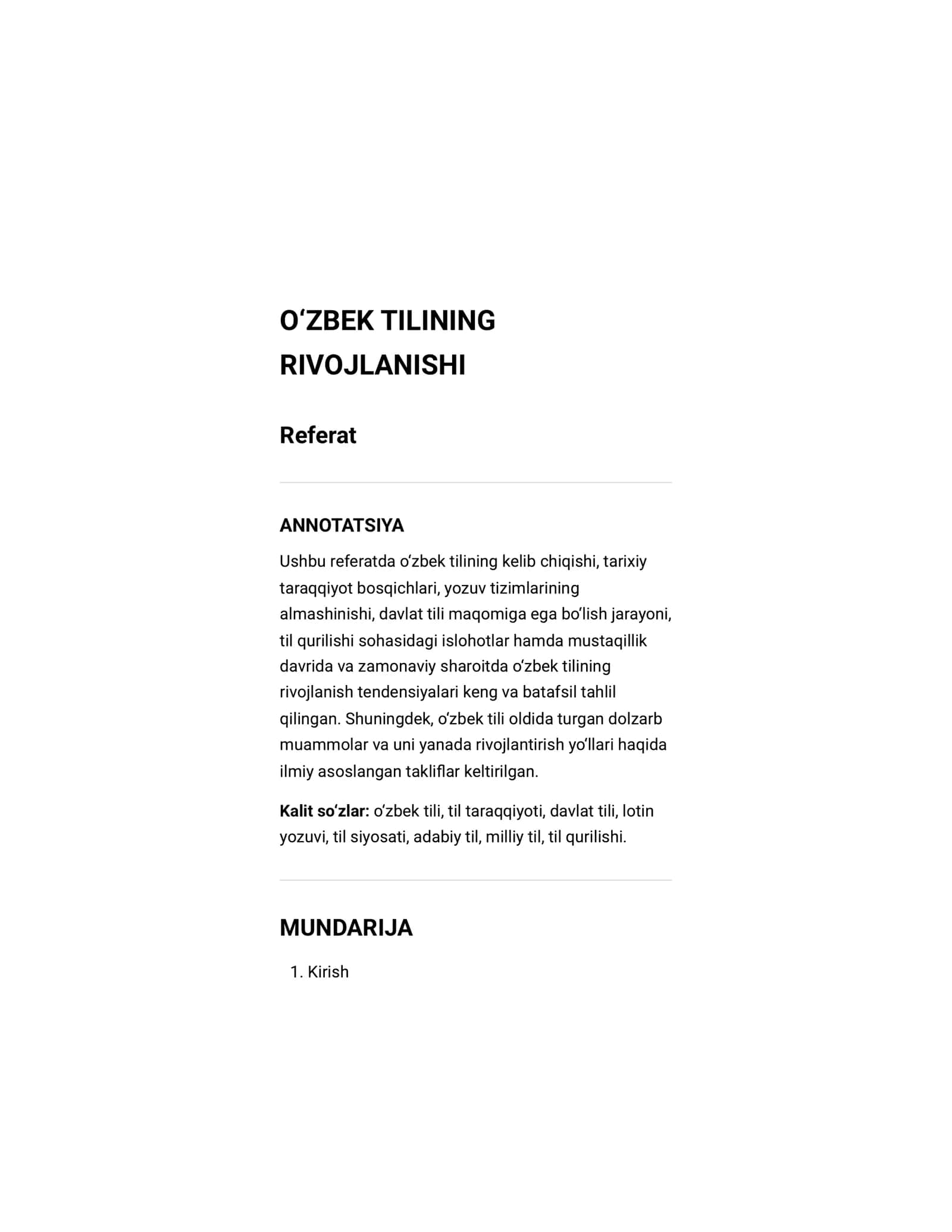 Referat Oʻzbek tilini rivojlantirish