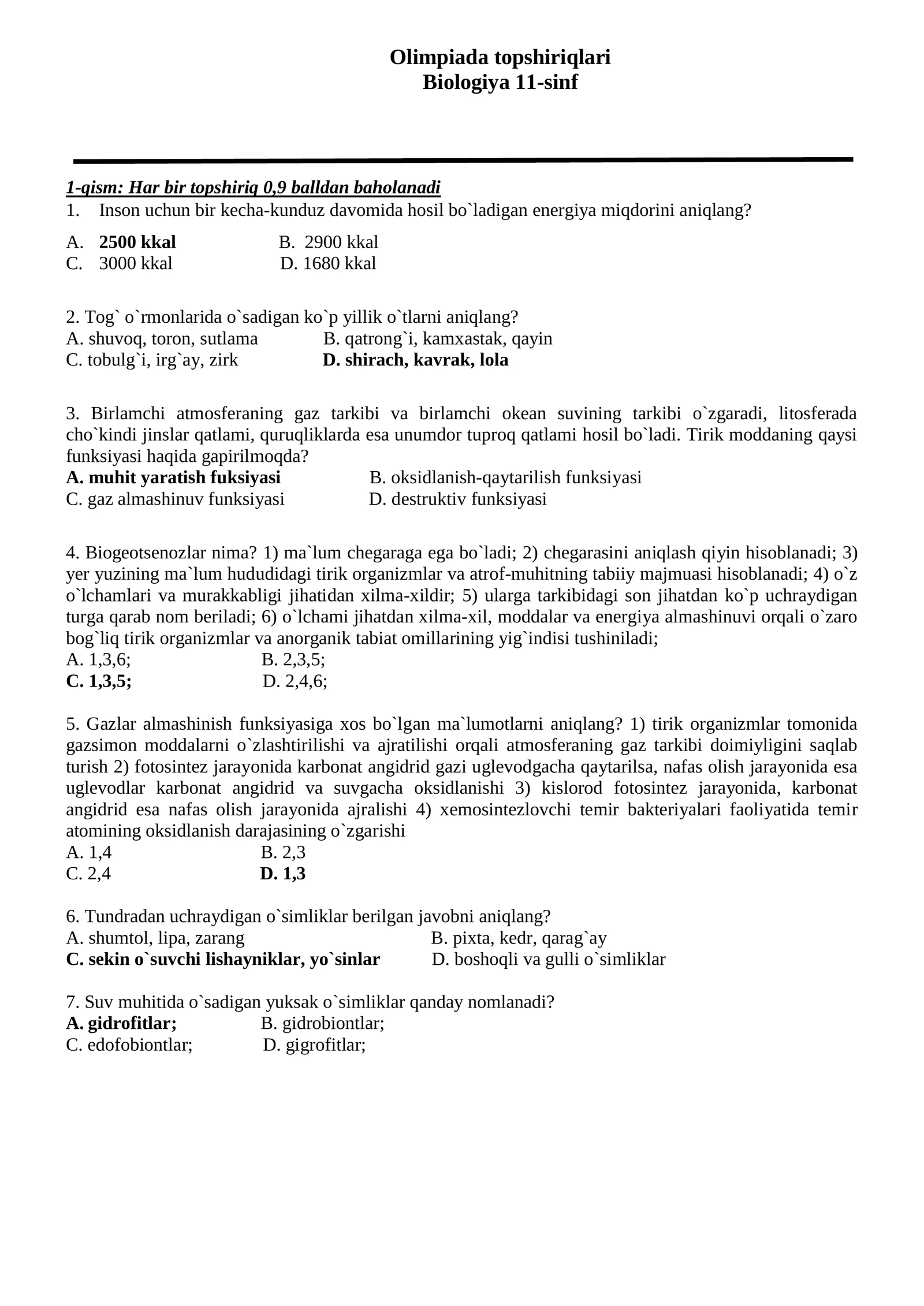 Olimpiada topshiriqlari Biologiya fanidan (viloyat) 11-sinf