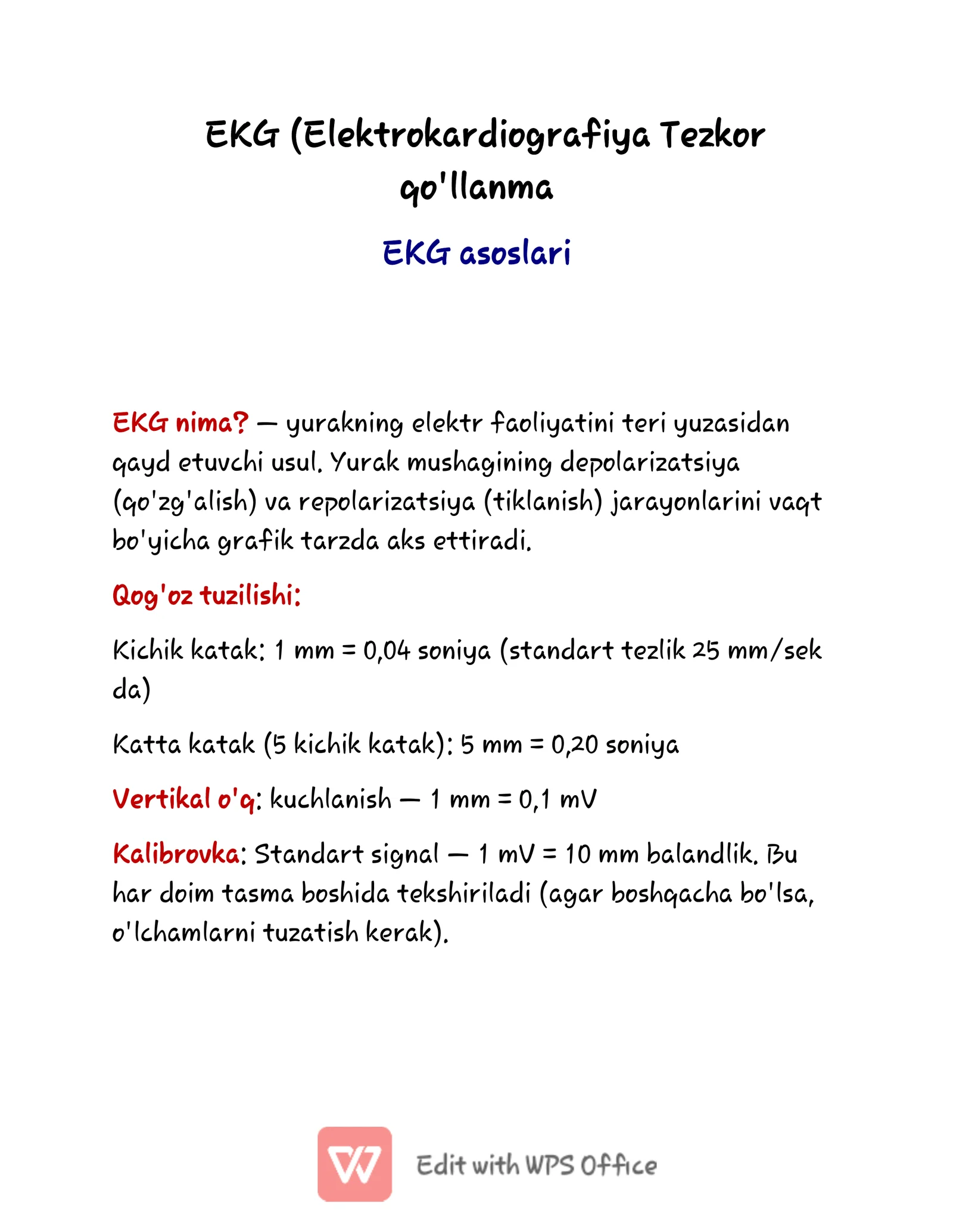 EKG (Elektrokardiografiya) Cheat Sheet | O'zbekcha Tibbiy Qo'llanma | ECG Quick Reference PDF | Medi