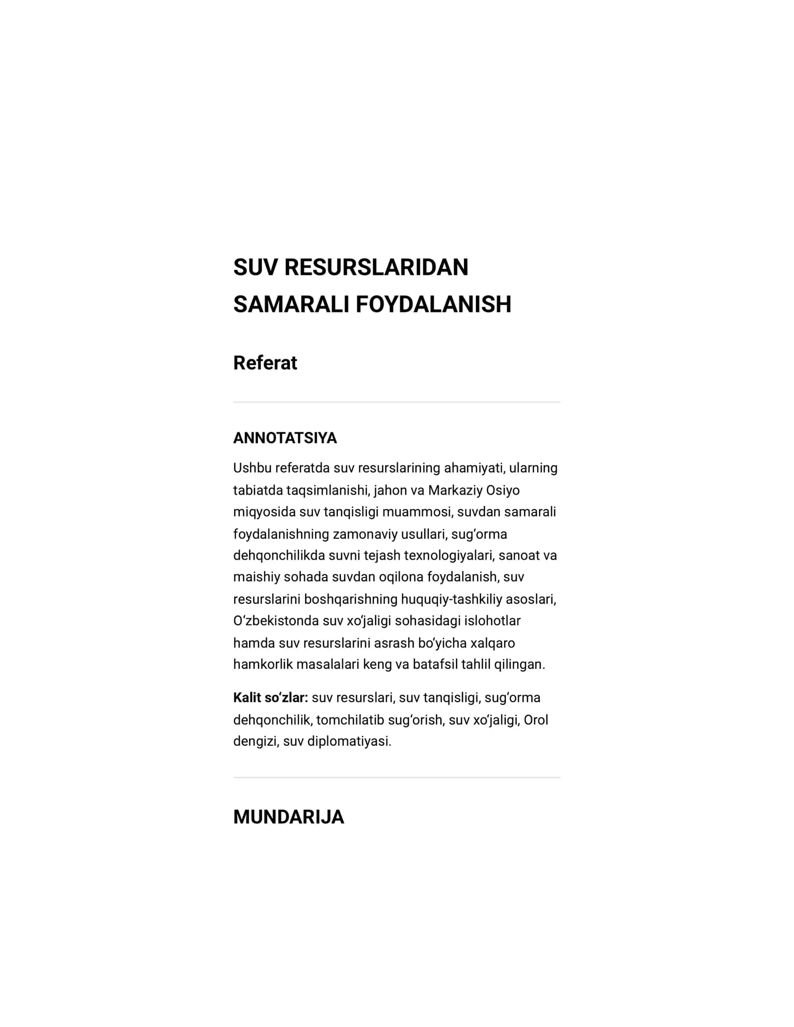 Referat suv resurslaridan samarali foydalanish