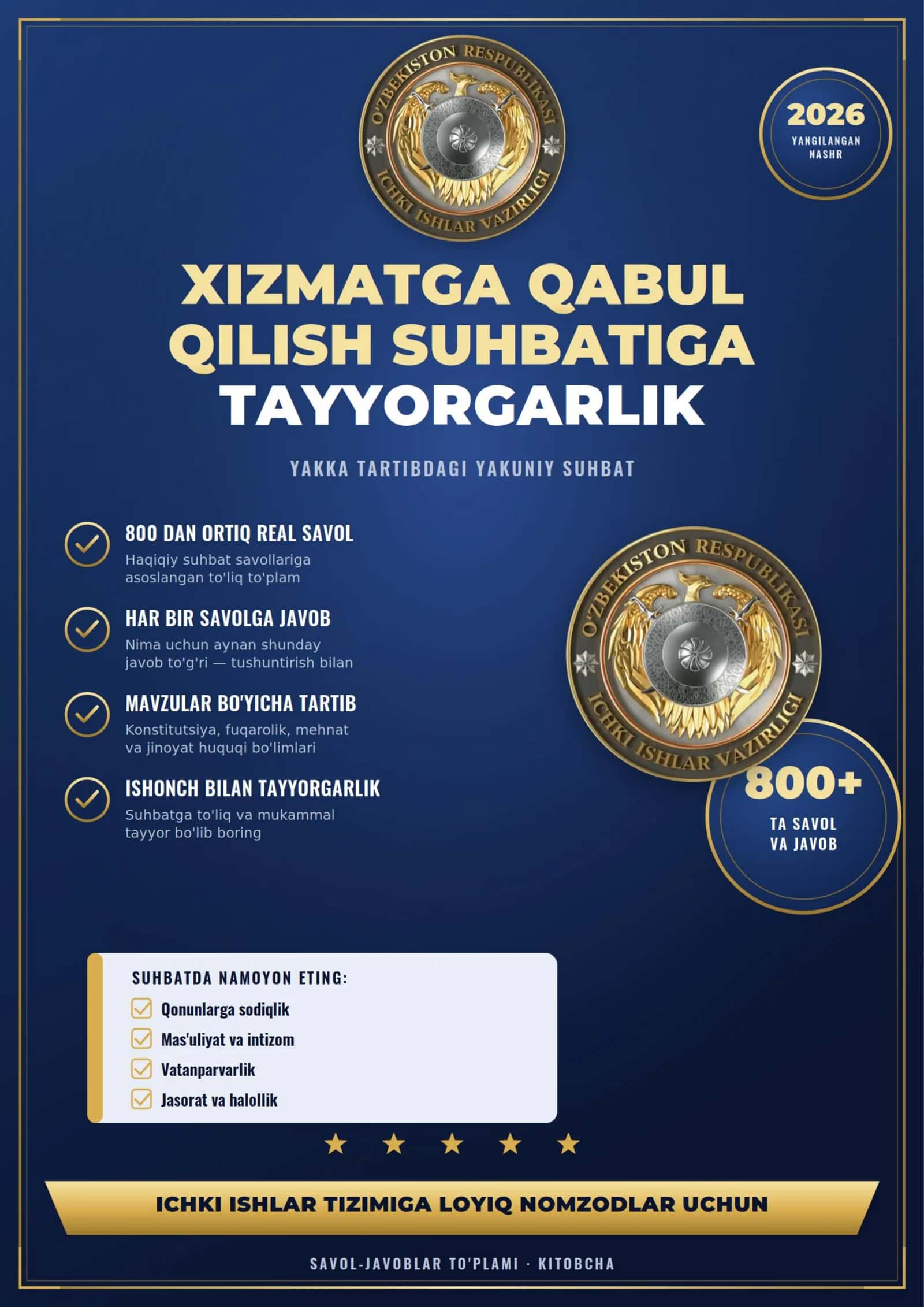 Ichki ishlarga kiruvchilar uchun savollar. Ofitserlar uchun huquqshunoslik fanidan