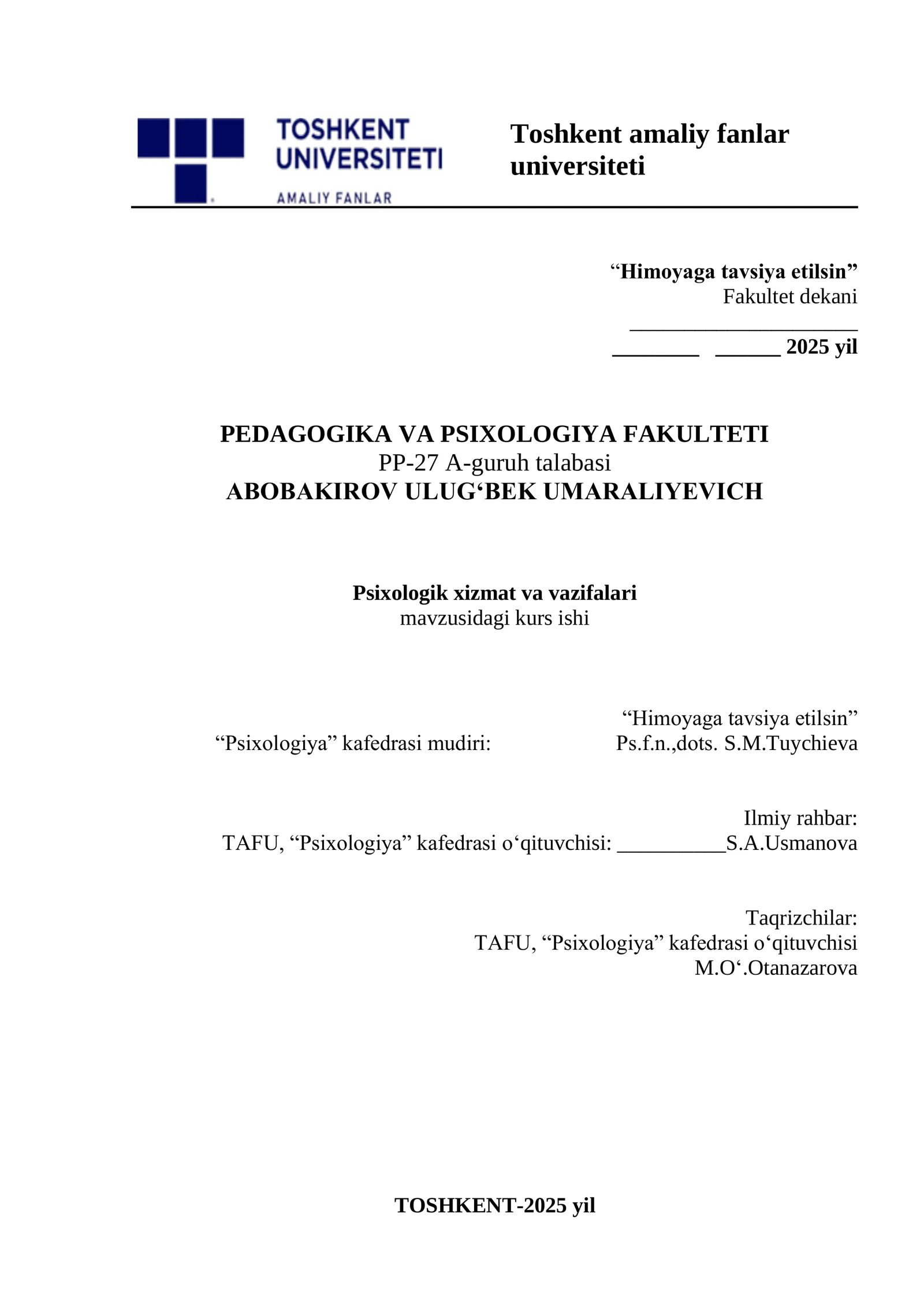 Psixologik xizmat va vazifalari