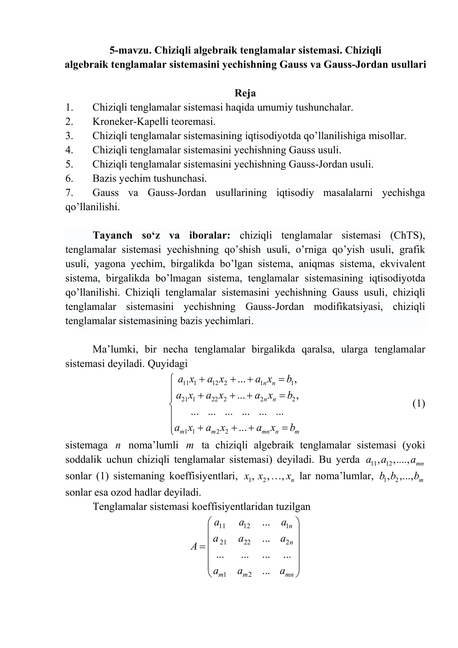 Chiziqli algebraik tenglamalar sistemasi
