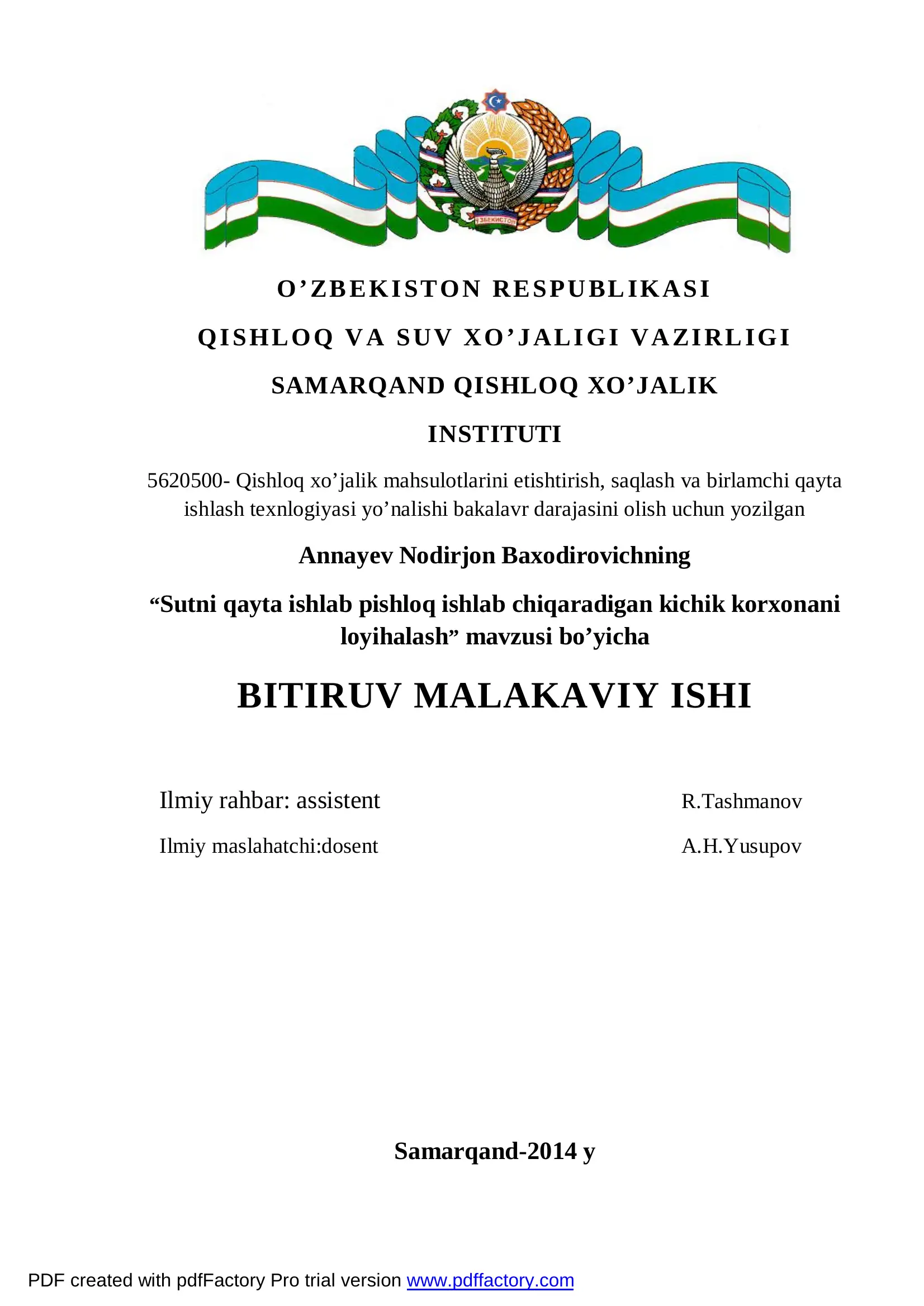 Sutni qayta ishlab pishloq ishlab chiqaradigan kichik korxonani loyihalash