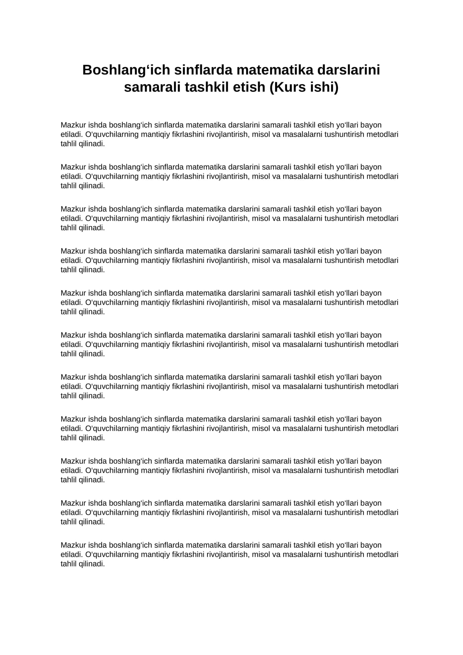 Boshlang‘ich sinflarda matematika darslarini samarali tashkil etish (Kurs ishi PDF)