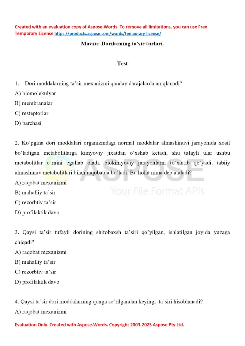 Dorilarning ta'sir turlari. Test 10 ta, javobli.