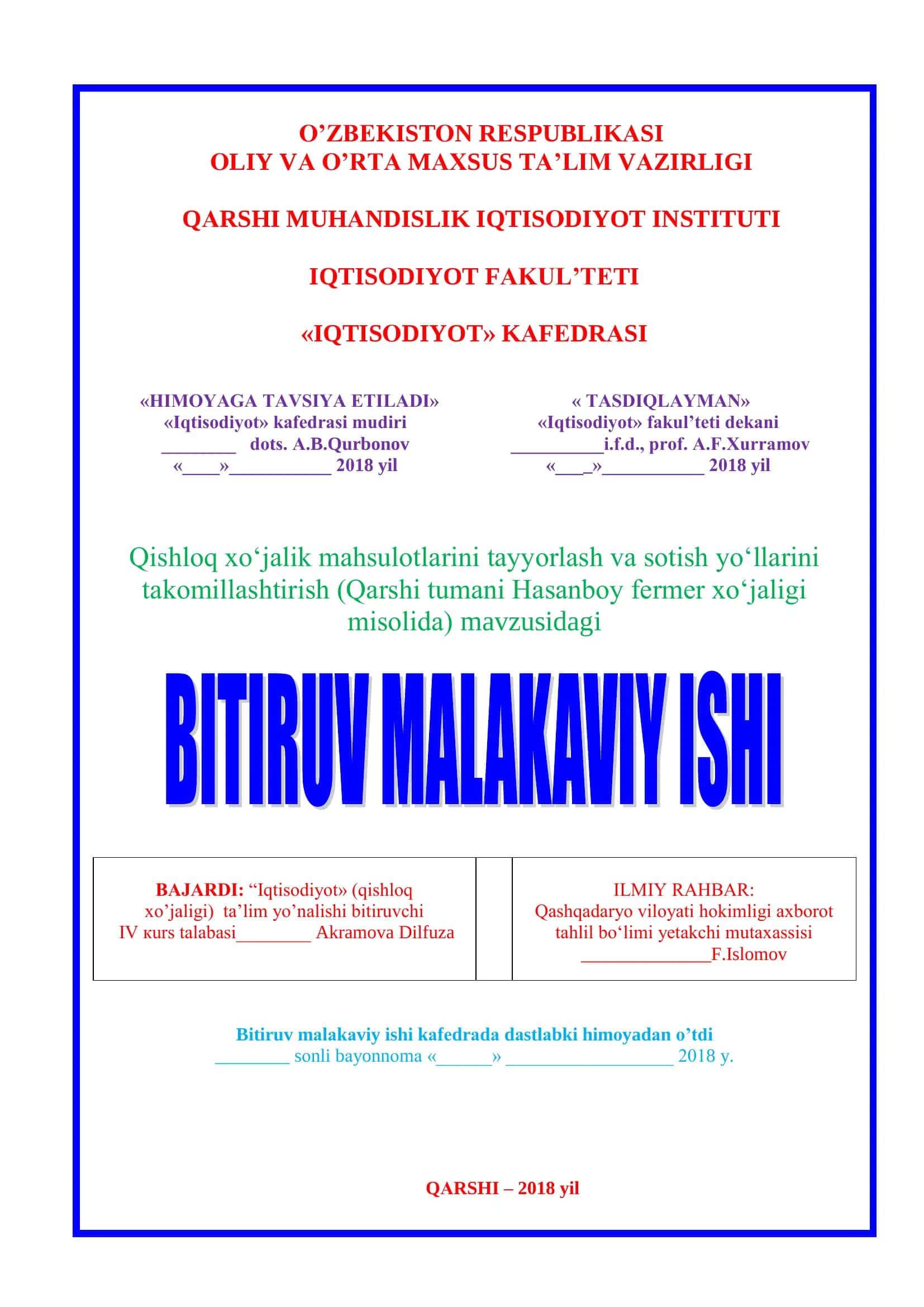 Qishloq xo‗jalik mahsulotlarini tayyorlash va sotish