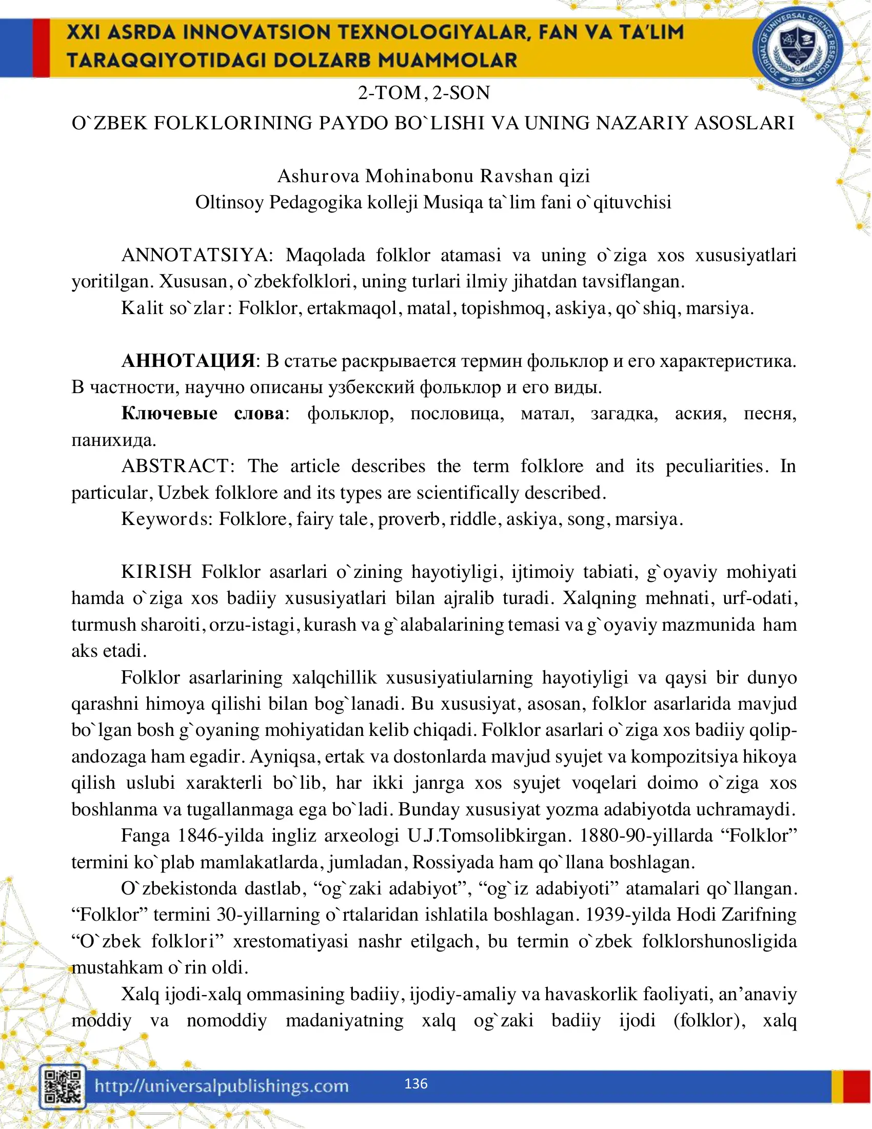 O`ZBEK FOLKLORINING PAYDO BO`LISHI VA UNING NAZARIY ASOSLARI