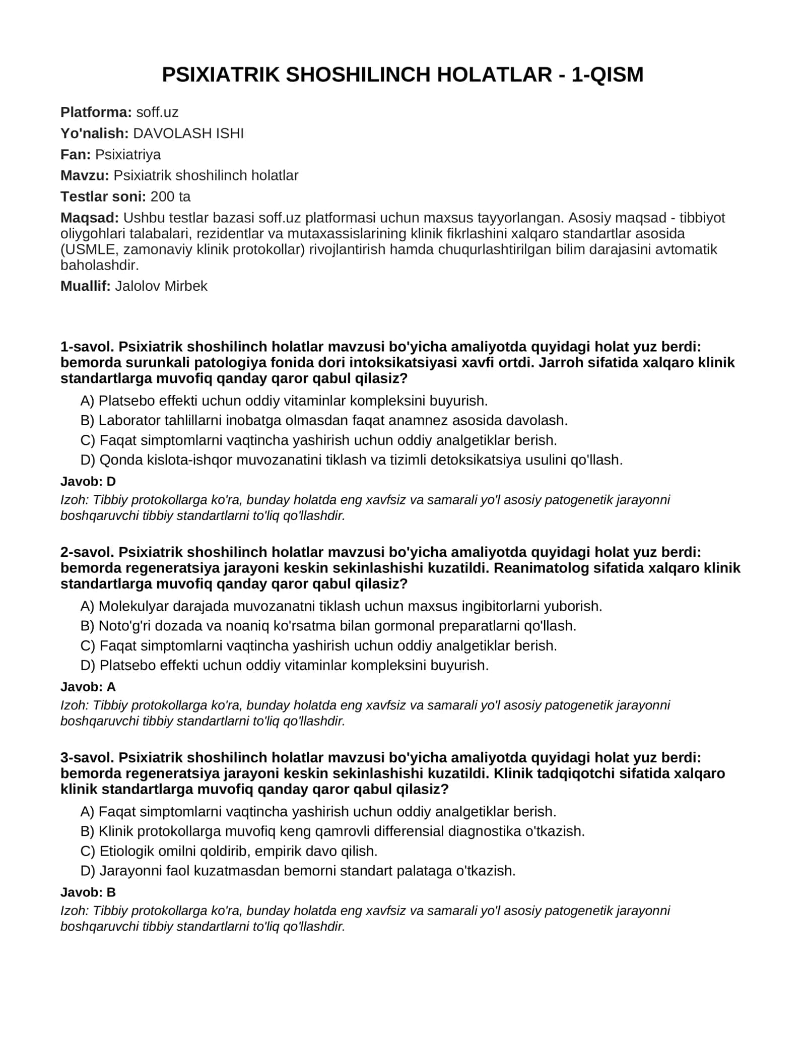 PSIXIATRIK SHOSHILINCH HOLATLAR - 1-QISM