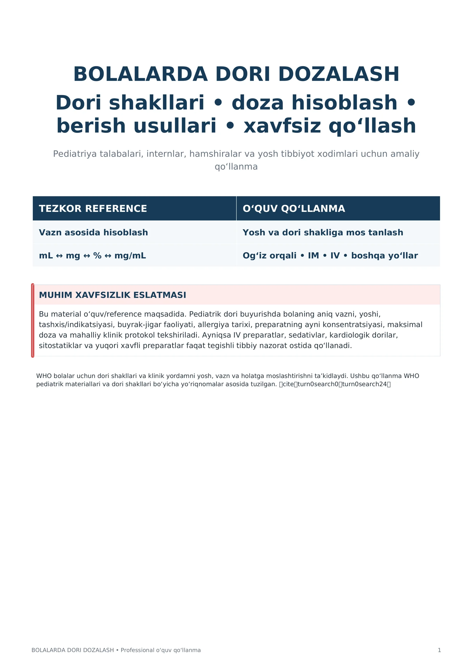 Bolalarda Dori Dozalash va Berish Usullari | Pediatriya Amaliy Qo‘llanma PDF