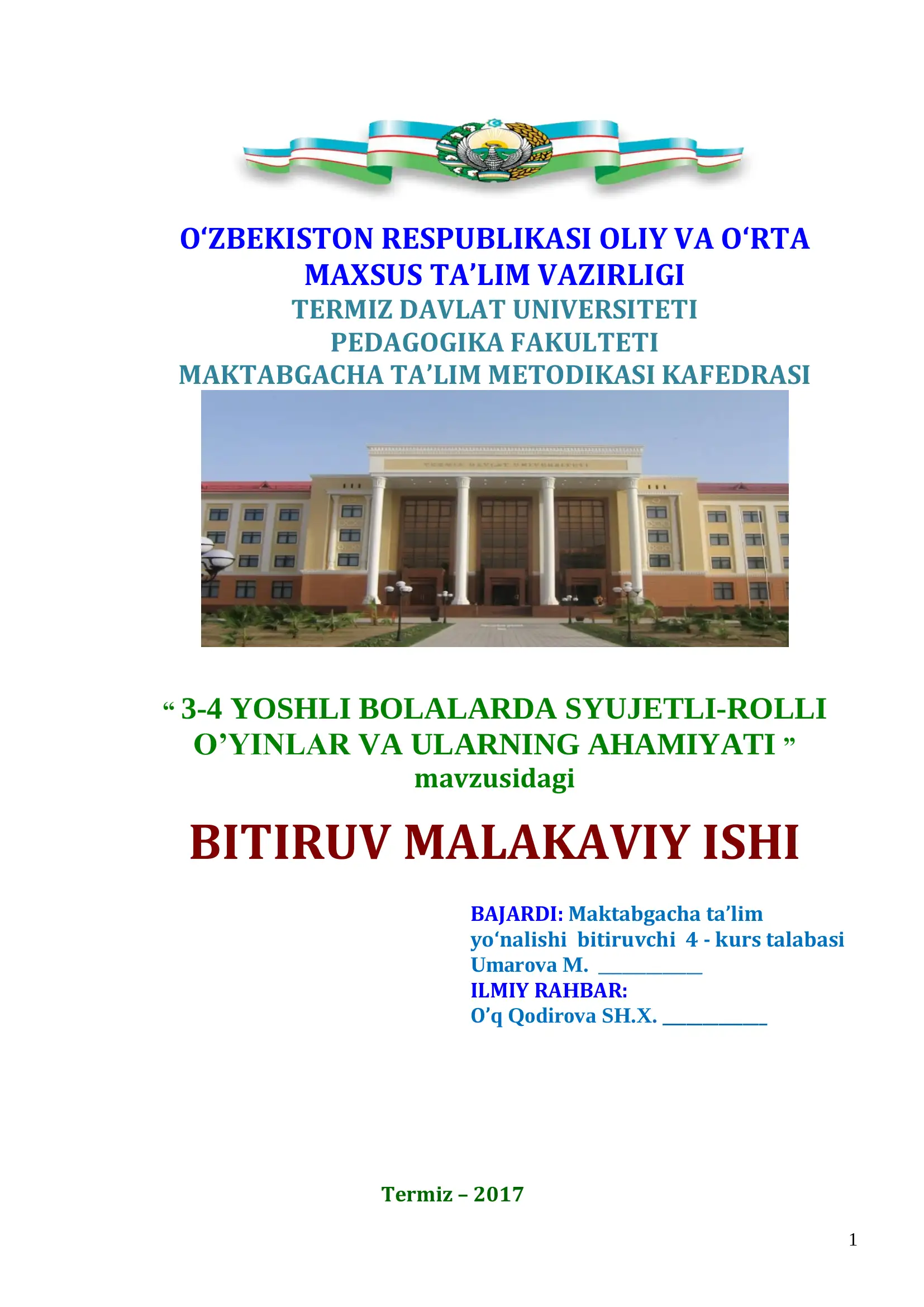 3-4 YOSHLI BOLALARDA SYUJETLI-ROLLI O’YINLAR VA ULARNING AHAMIYATI