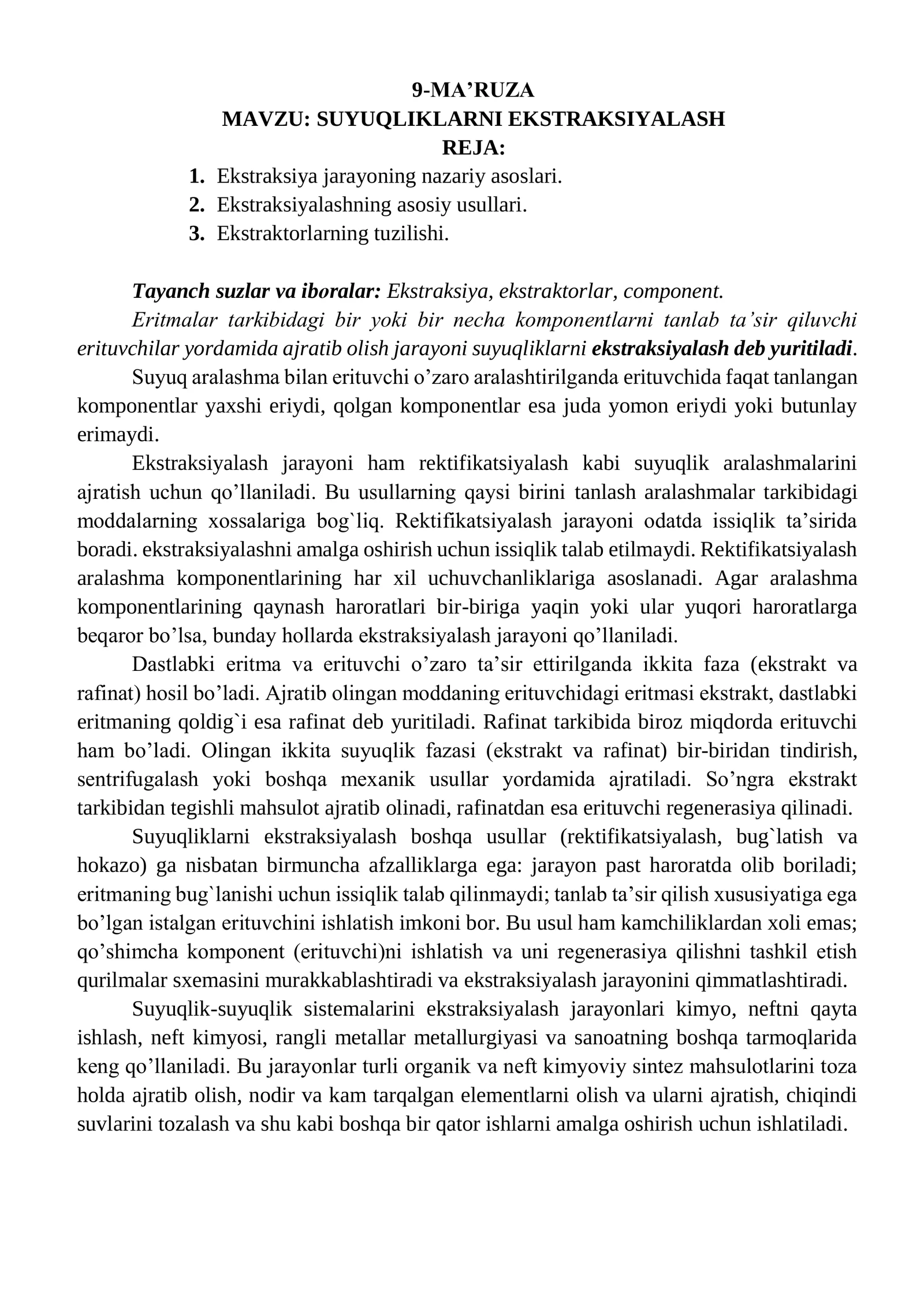 SUYUQLIKLARNI EKSTRAKSIYALASH