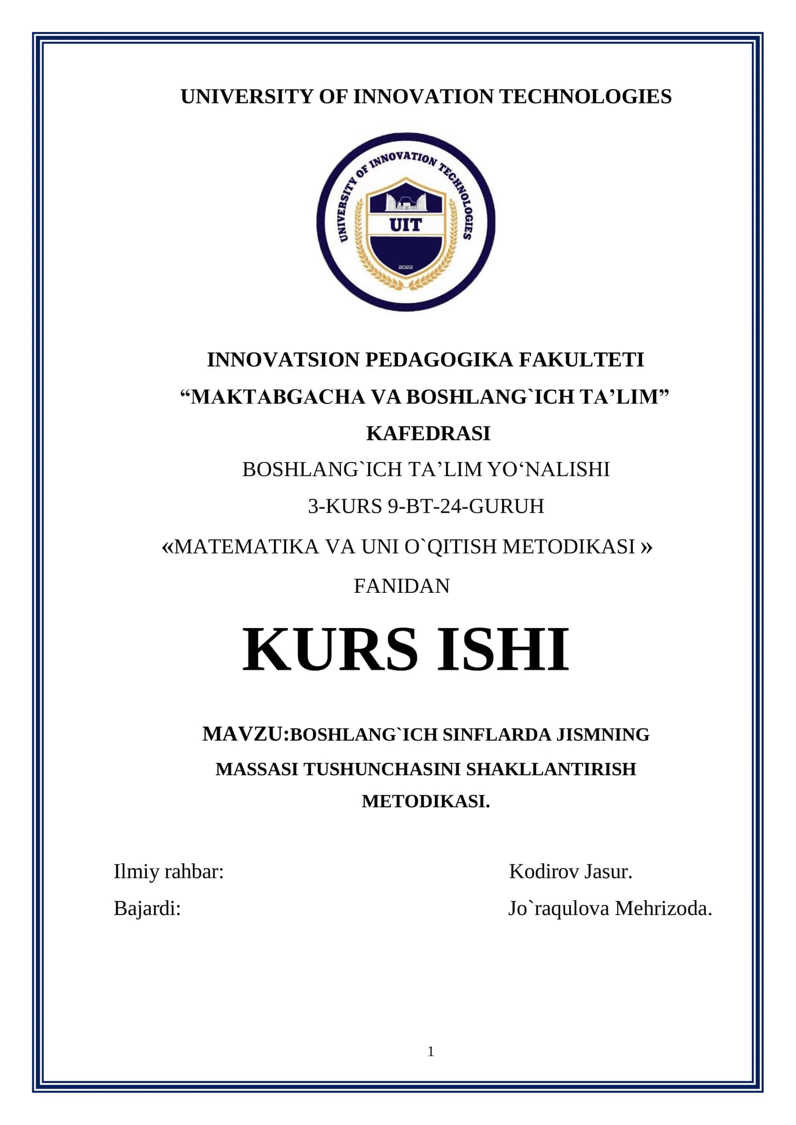 BOSHLANG`ICH SINFLARDA JISMNING
MASSASI TUSHUNCHASINI SHAKLLANTIRISH
METODIKASI.