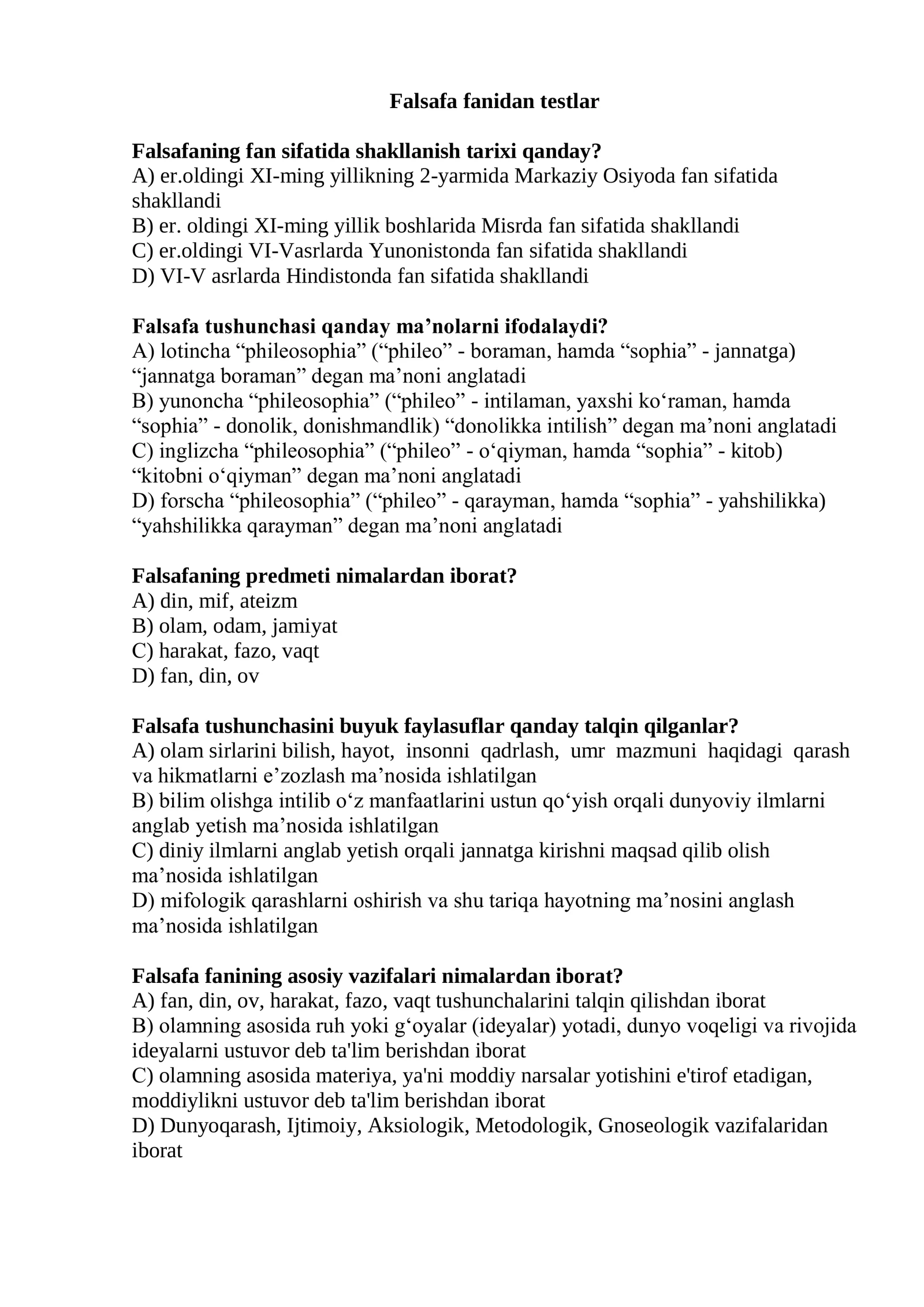 Falsafa fanidan testlar